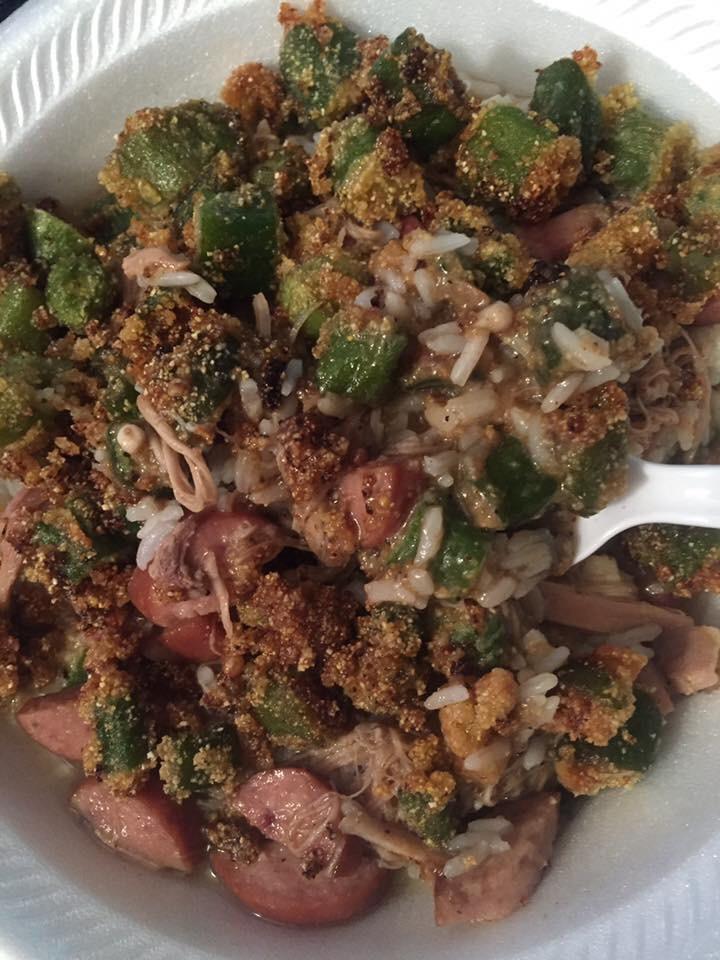 Gumbo. I tried something new. I hate slimy okra so I breaded it w