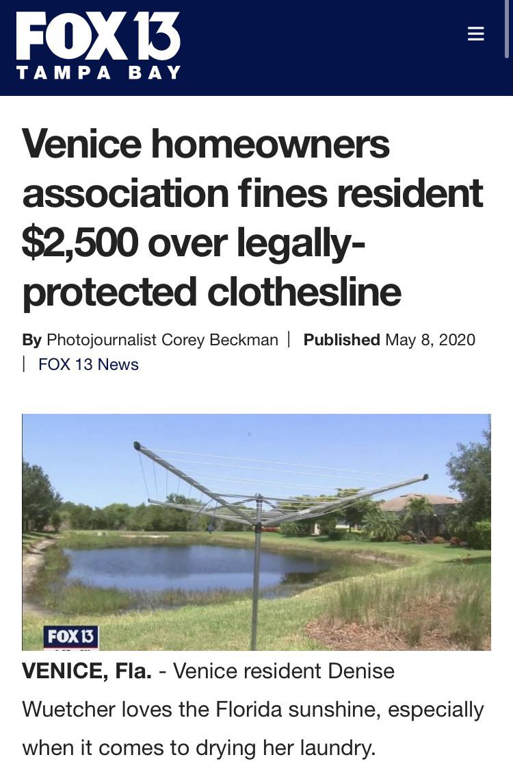 SAD Florida HOA fines resident 2,500 for clothesline in their garden