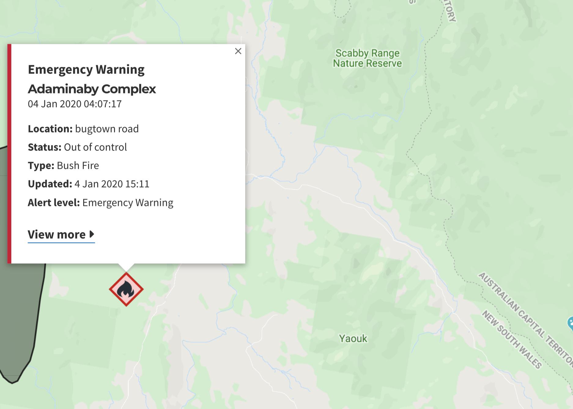FYI This is the nearest fire to the ACT. Around 10+ Km from the border and is currently out of