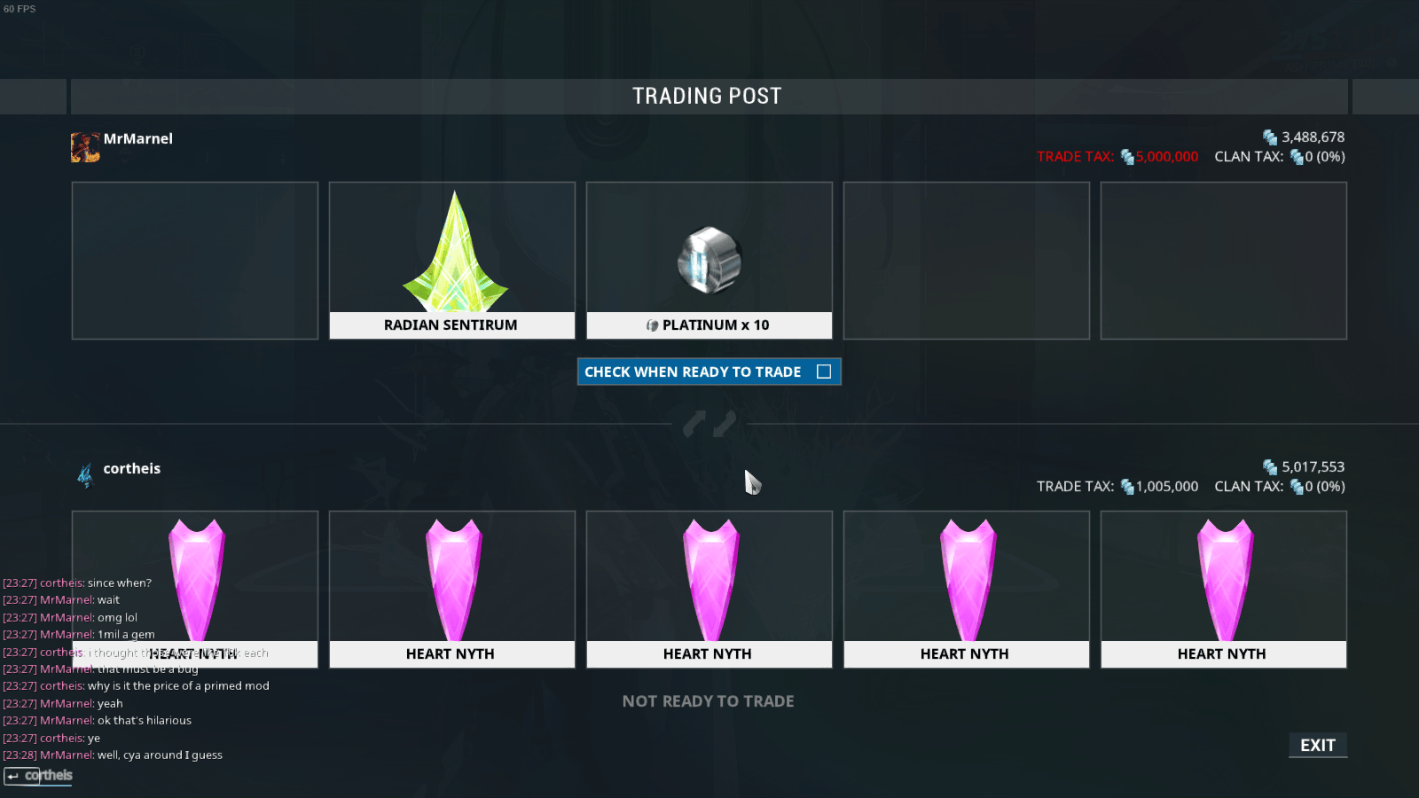 Eidolon Gems now have a trade tax of 1mil credits. Warframe