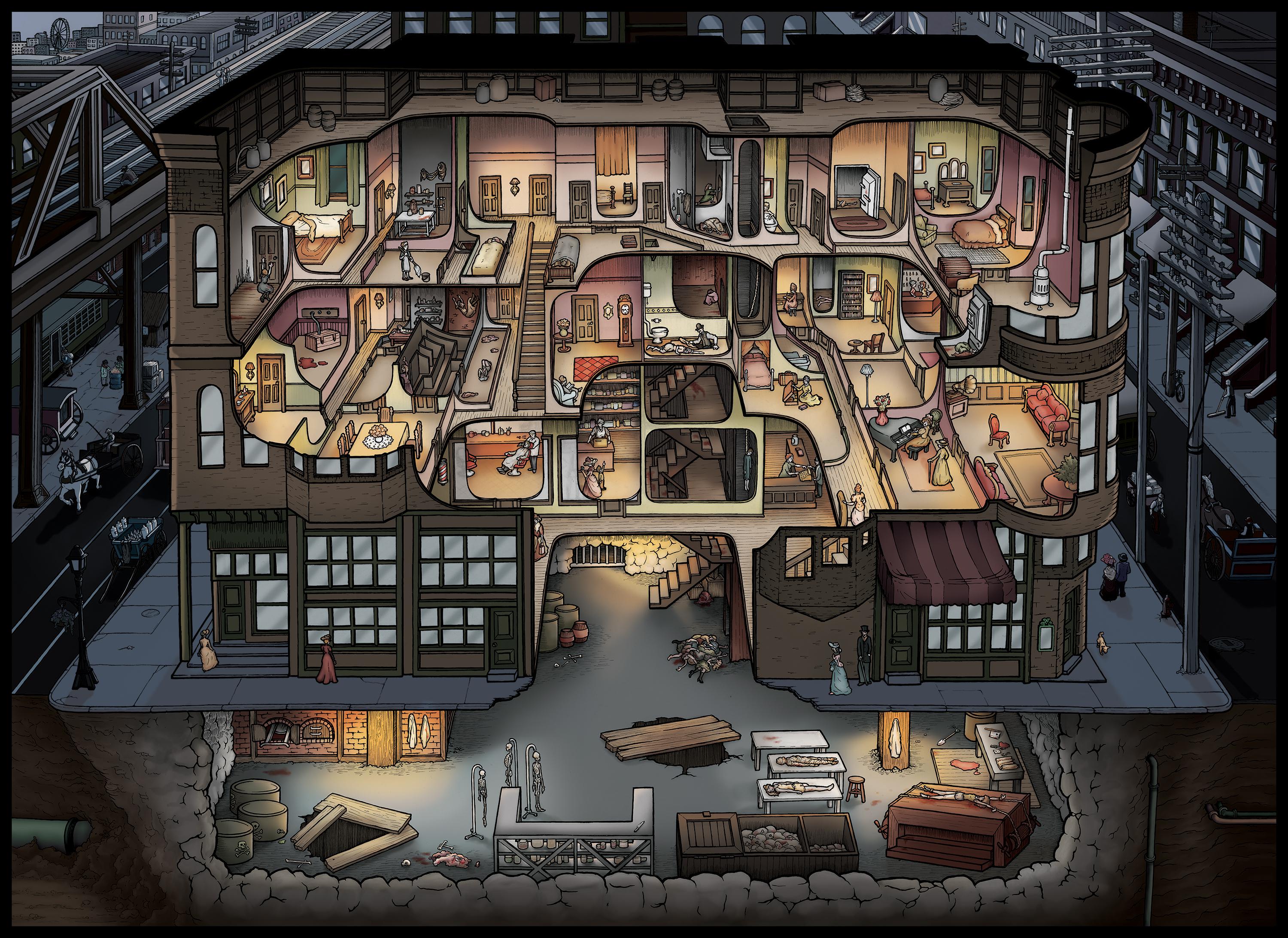 H.H. Holmes Murder Castle with new background pen & ink on bristol