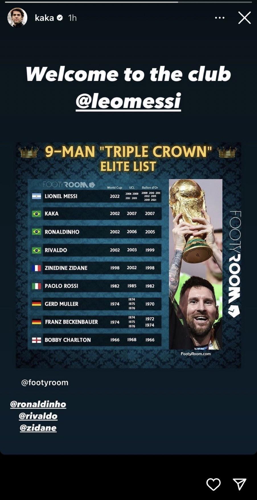 [Kaka on Instagram] to the club Messi” with a list of