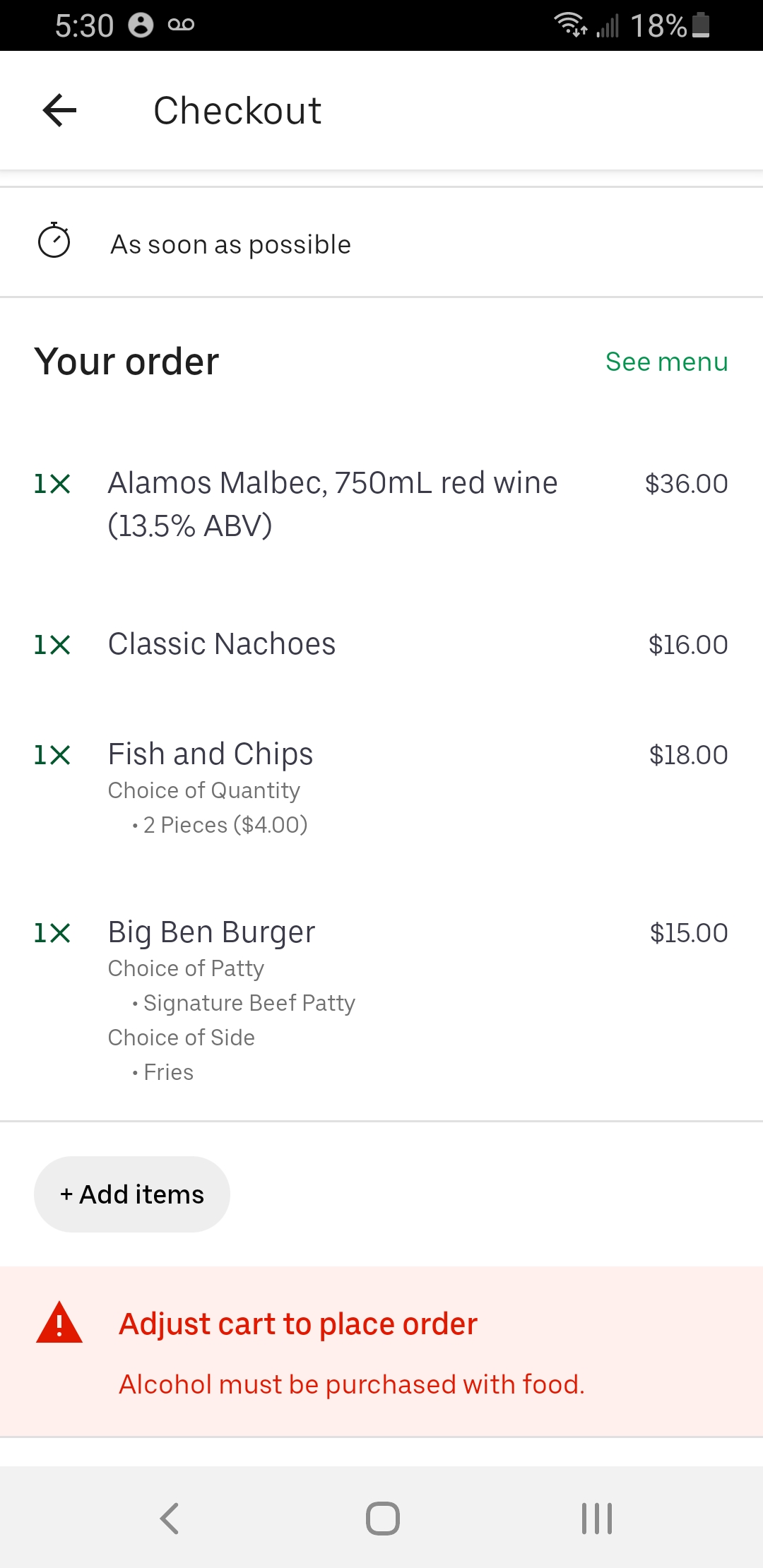 Cannot purchase anything if you have alcohol in cart; Might wanna fix