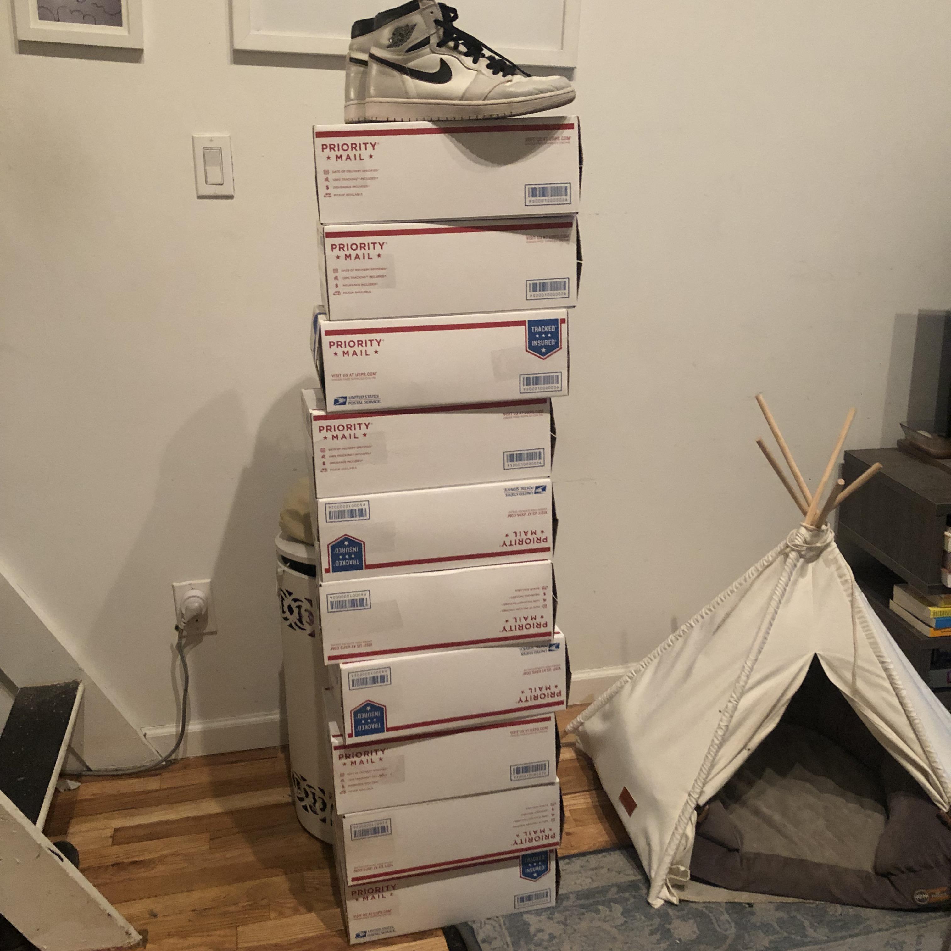 First ten boxes of the shoe collection packed and ready to move across