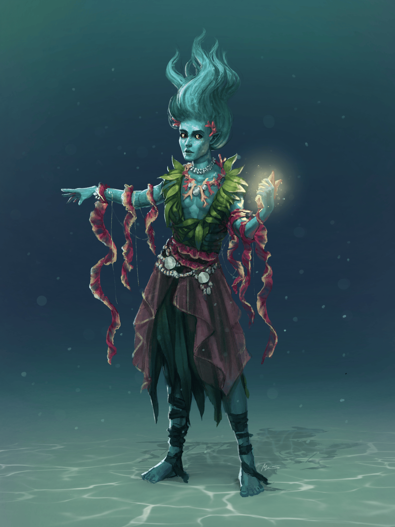 [OC] Water Genasi Druid named Aysu. He was raised by fishes and don't
