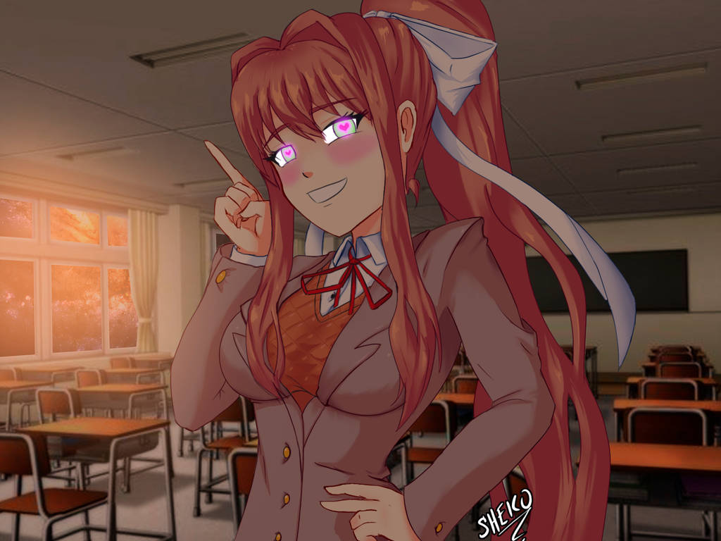Yandere Monika has hearts in her eyes! 💚💚💚 (by blackdragoncheko on