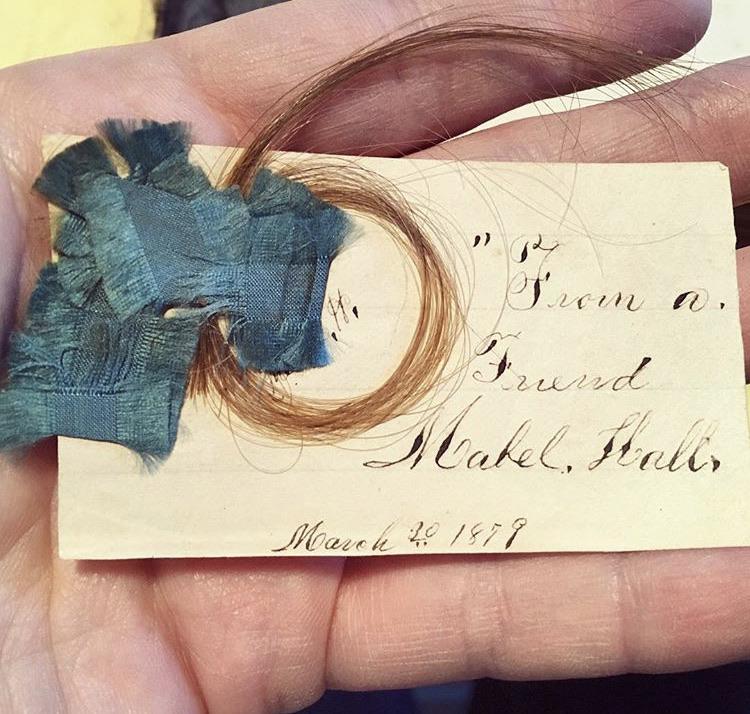 Lock of hair from 1879 “from a friend” found in a book about the