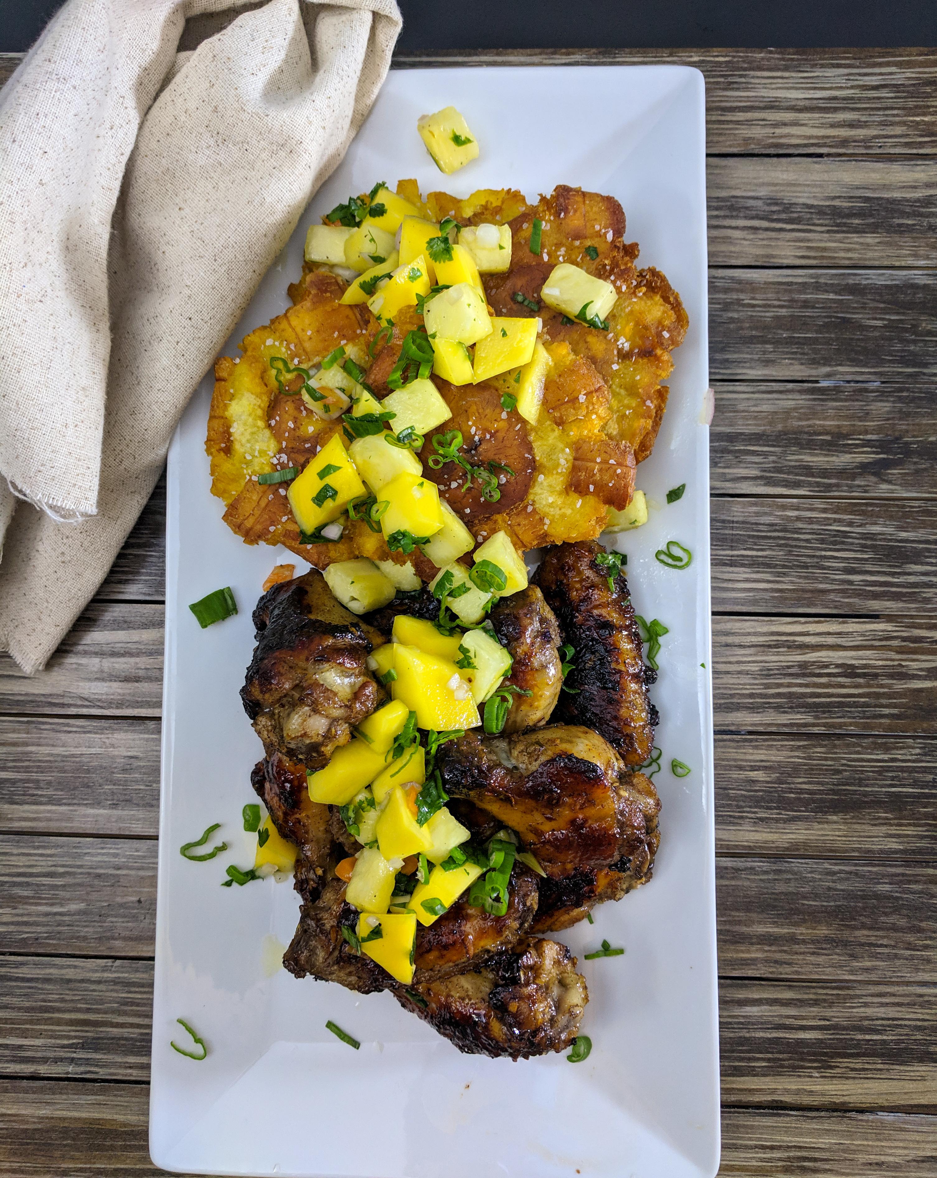 [Homemade] Jerk chicken wings, tostones, and a pineapplemango salsa