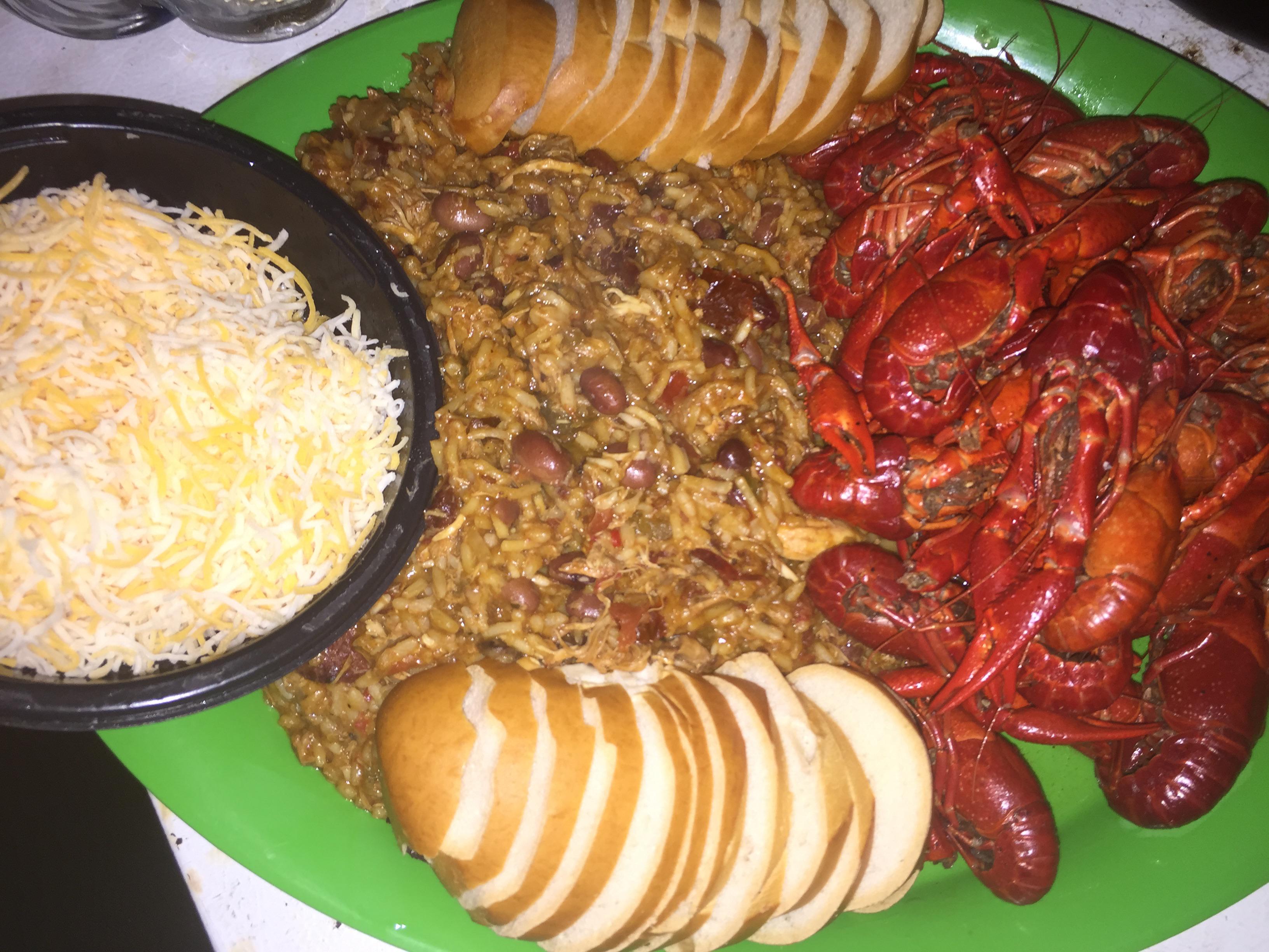 Southern Snacks Mudbugs, dirty red beans and rice, baguette and of