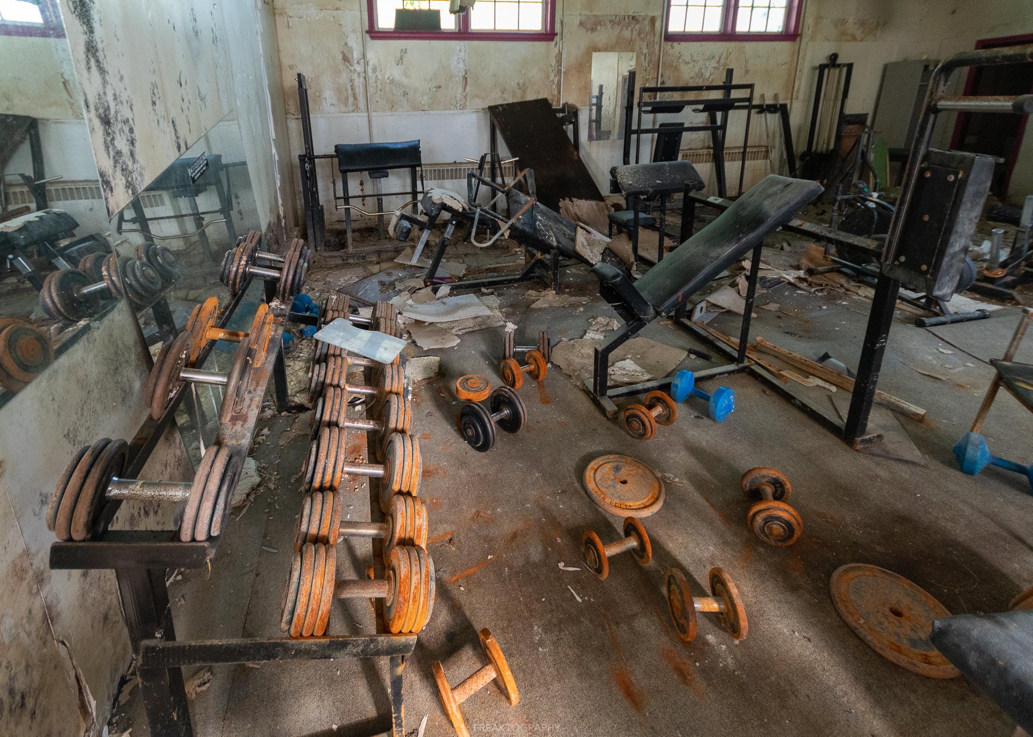 An awesome old school gym in the basement of an abandoned church in