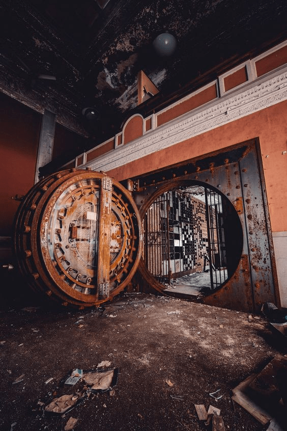 Rusted vault of the abandoned Gary, Indiana Bank. Hundreds of files