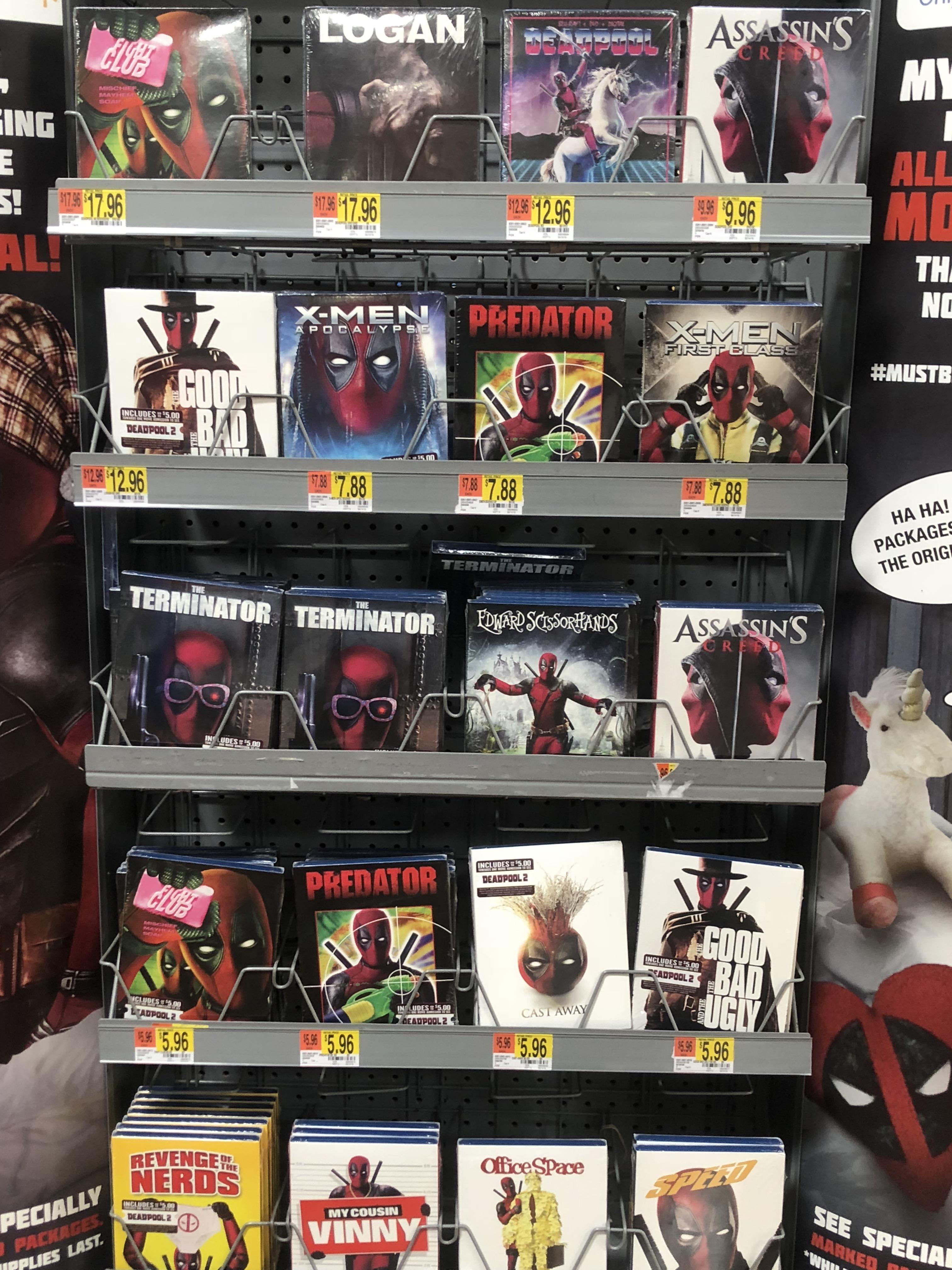 A dvd stand at a Walmart in San Francisco. How great is that. r/deadpool