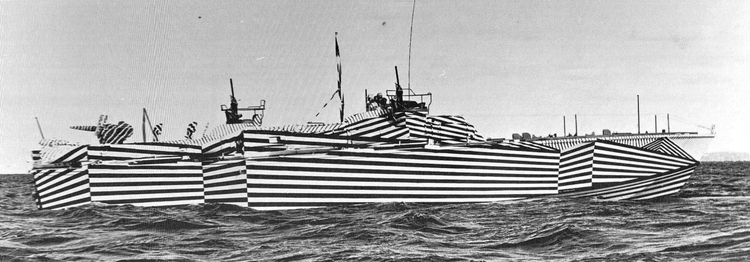 Ship painted in dazzle camouflage. This kind of camouflage was invented