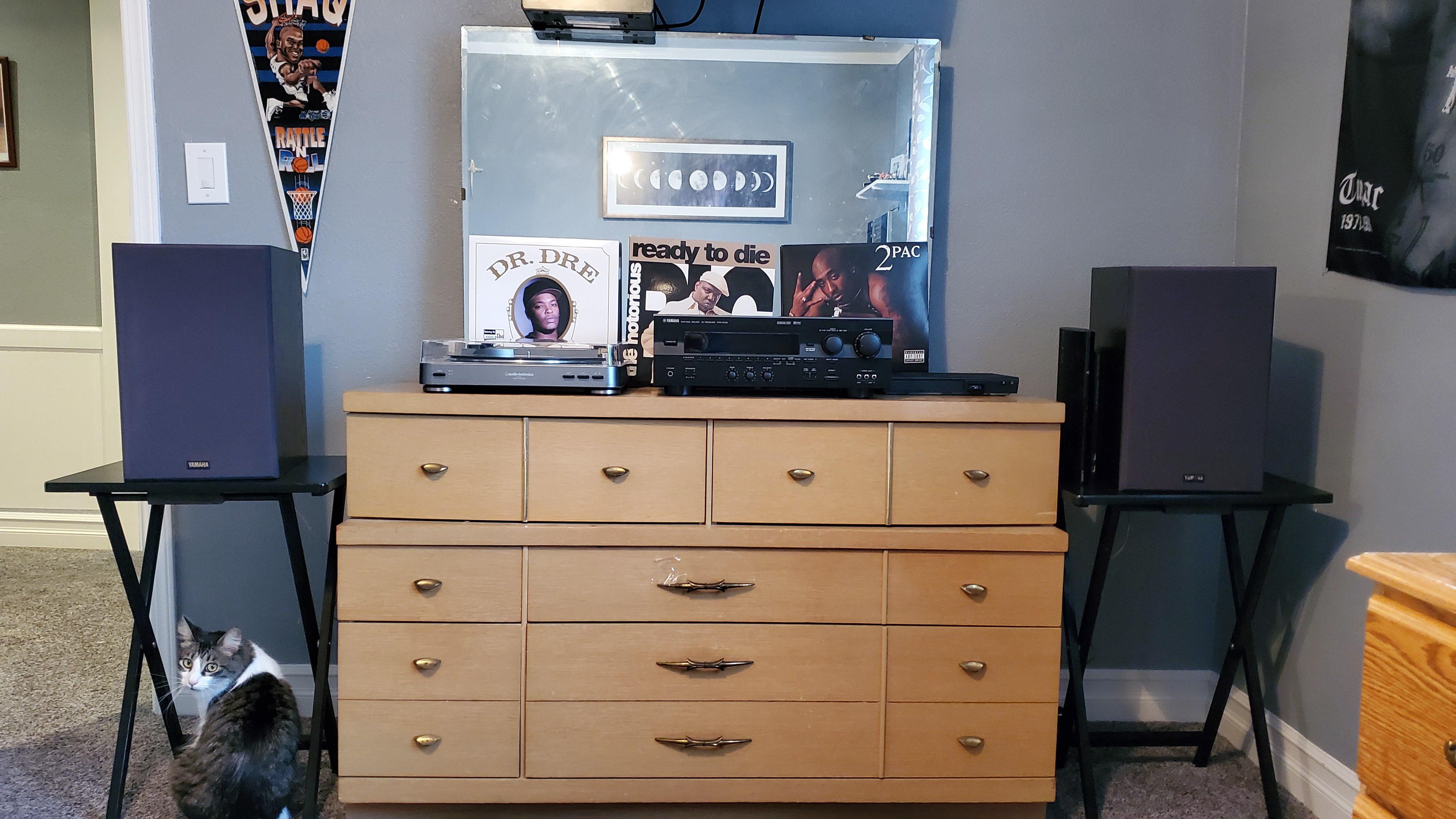 Budget bedroom setup. 30 Yamaha AVR, 19 Yamaha 3way speakers, and a