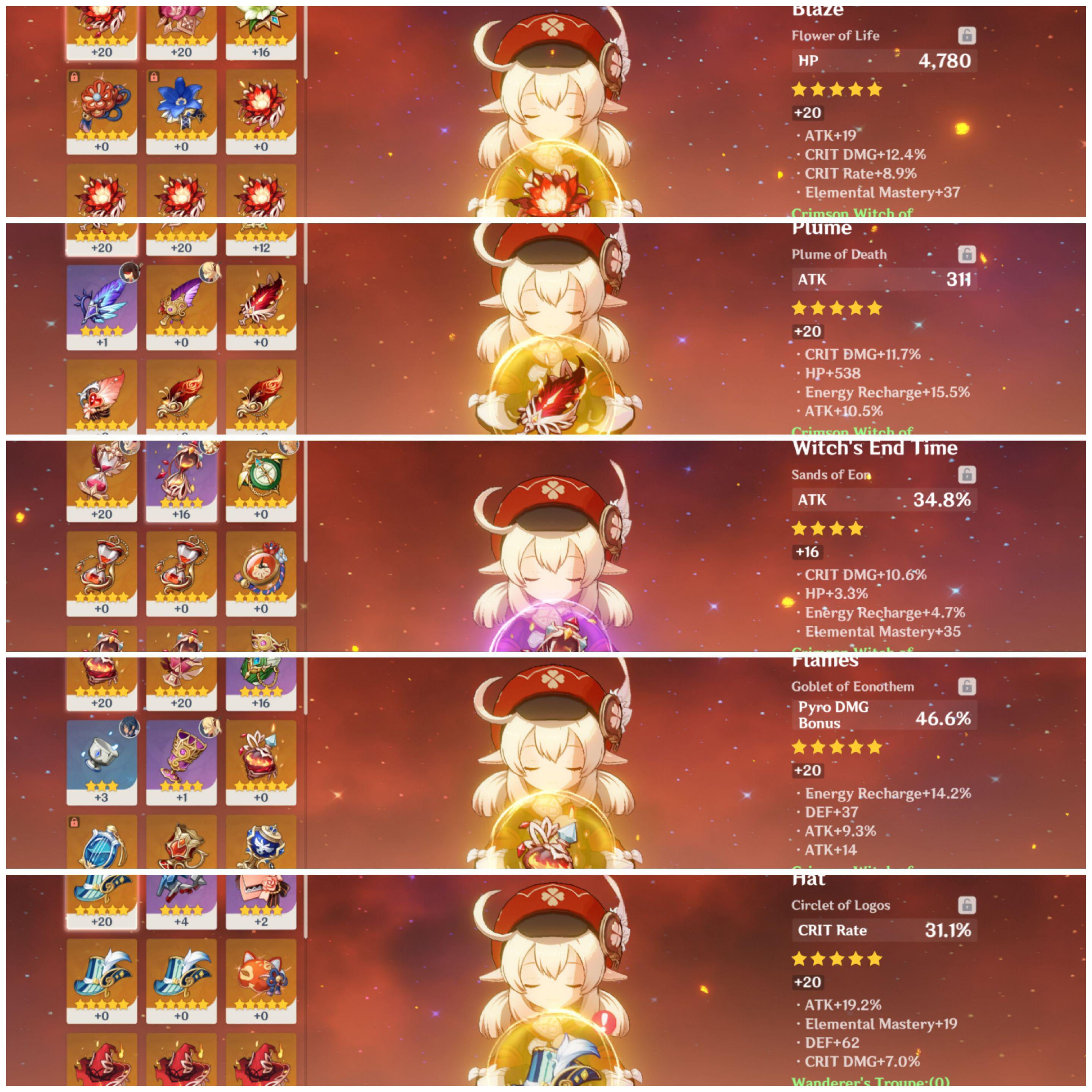 Sharing my C1 Klee artifacts. What should I work on to improve her or