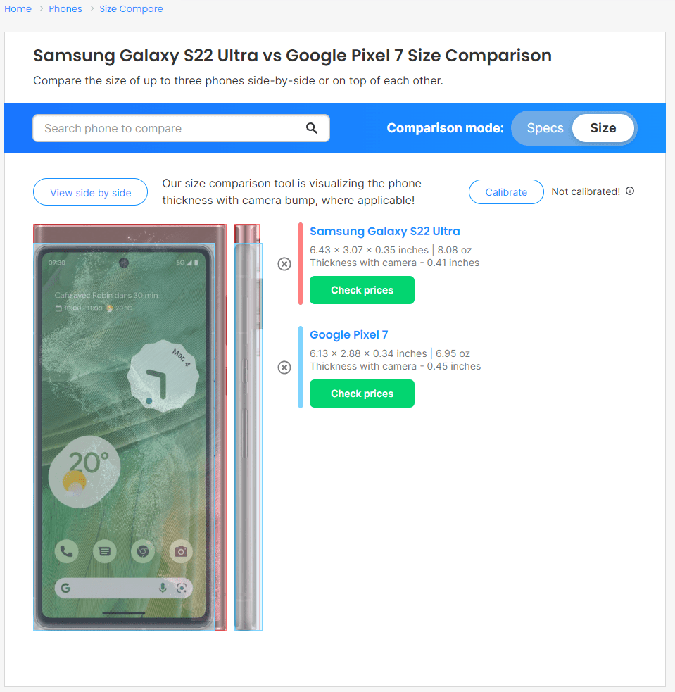 Is there a handy tool for comparing handheld devices like the "Size