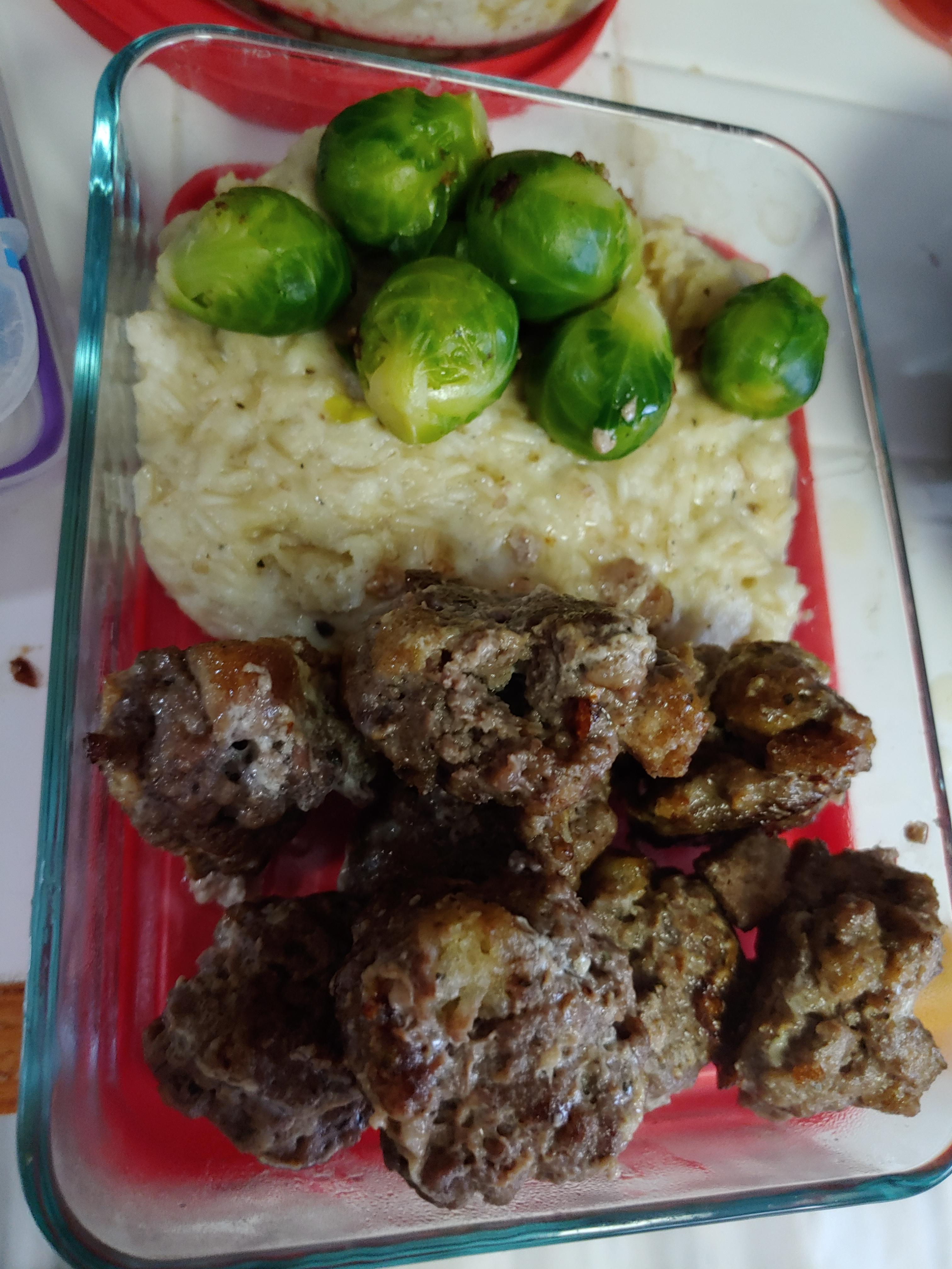 Meaty Italian meatballs, parmesan risotto, steamed brussles r