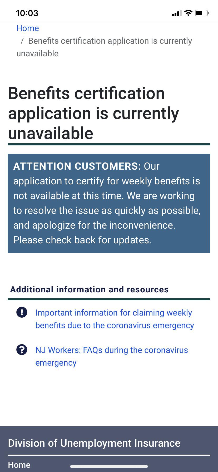 [NEW JERSEY] system currently DOWN in NJ... can’t certify benefits