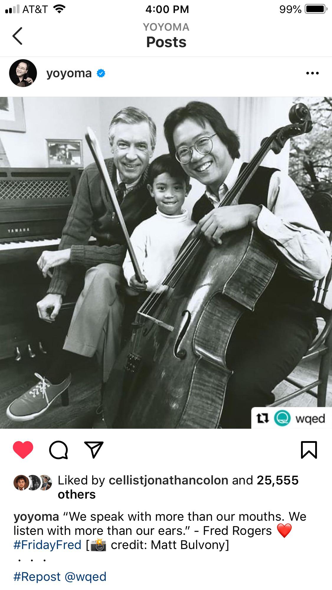 YoYo Ma posted about Mister Rogers the other day, so I thought I would