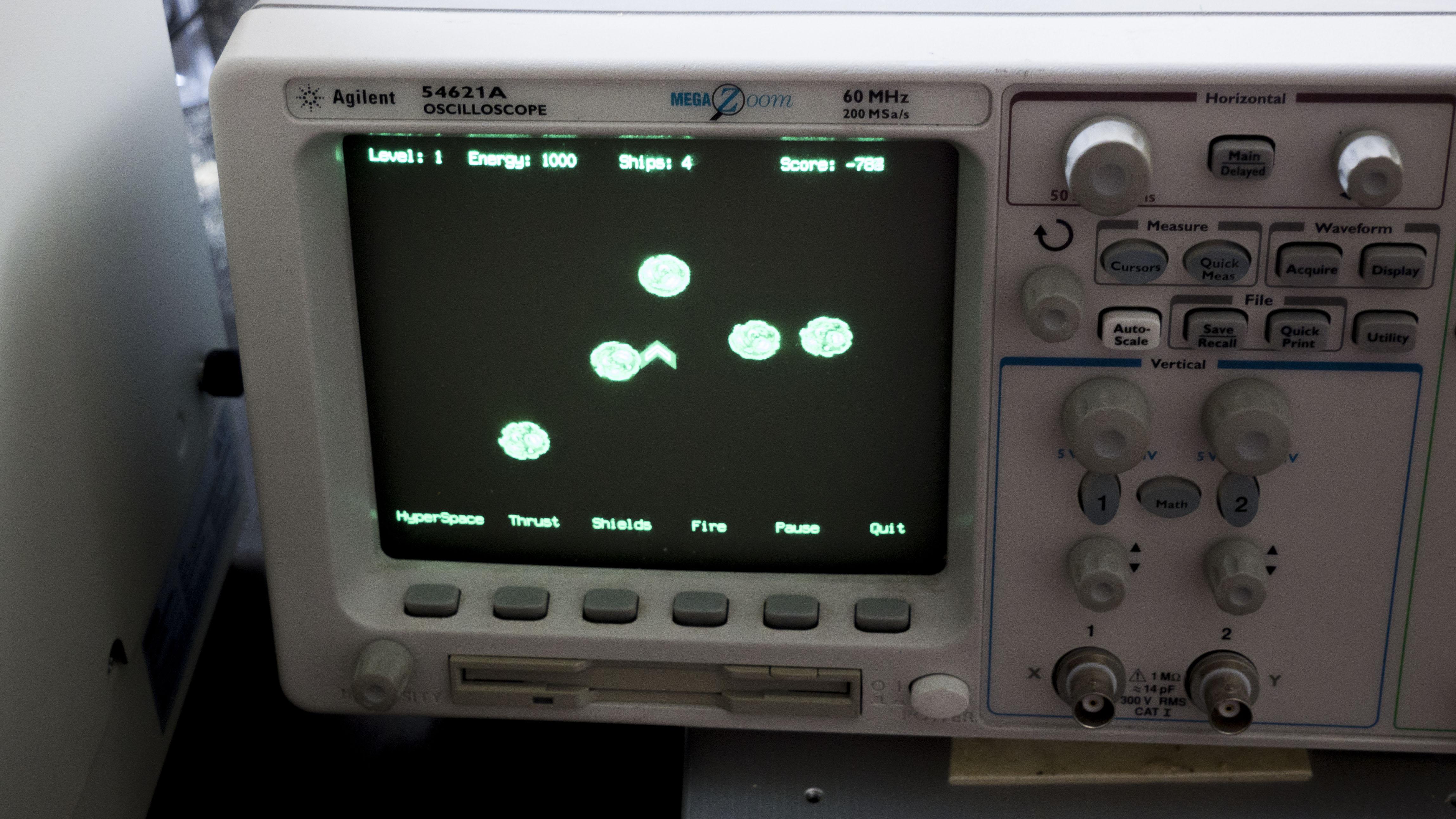 My oscilloscope has a hidden "asteroids" game as an easteregg. r