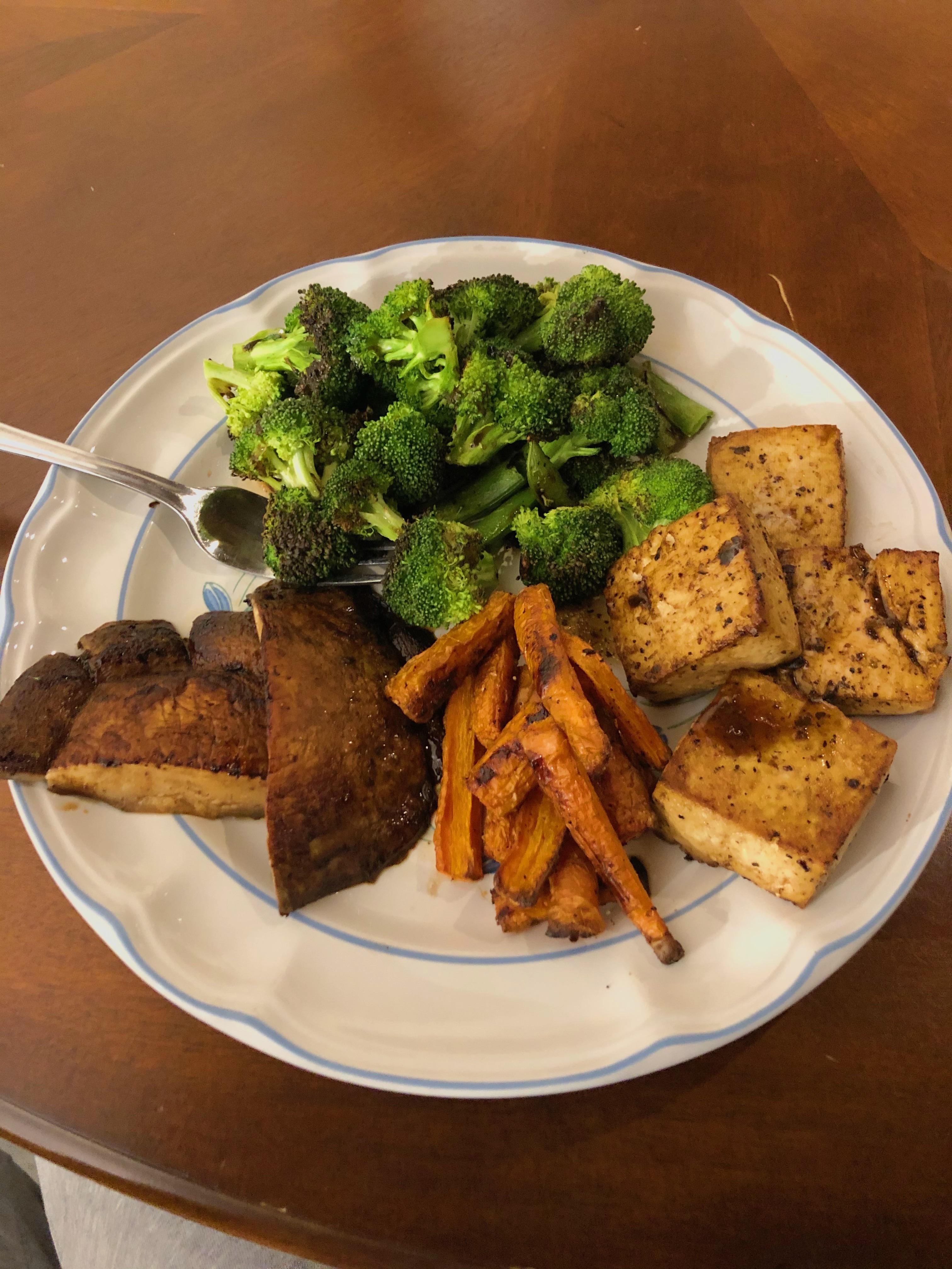 Broccoli, snap peas, baked tofu, roasted carrots, and balsamic glazed