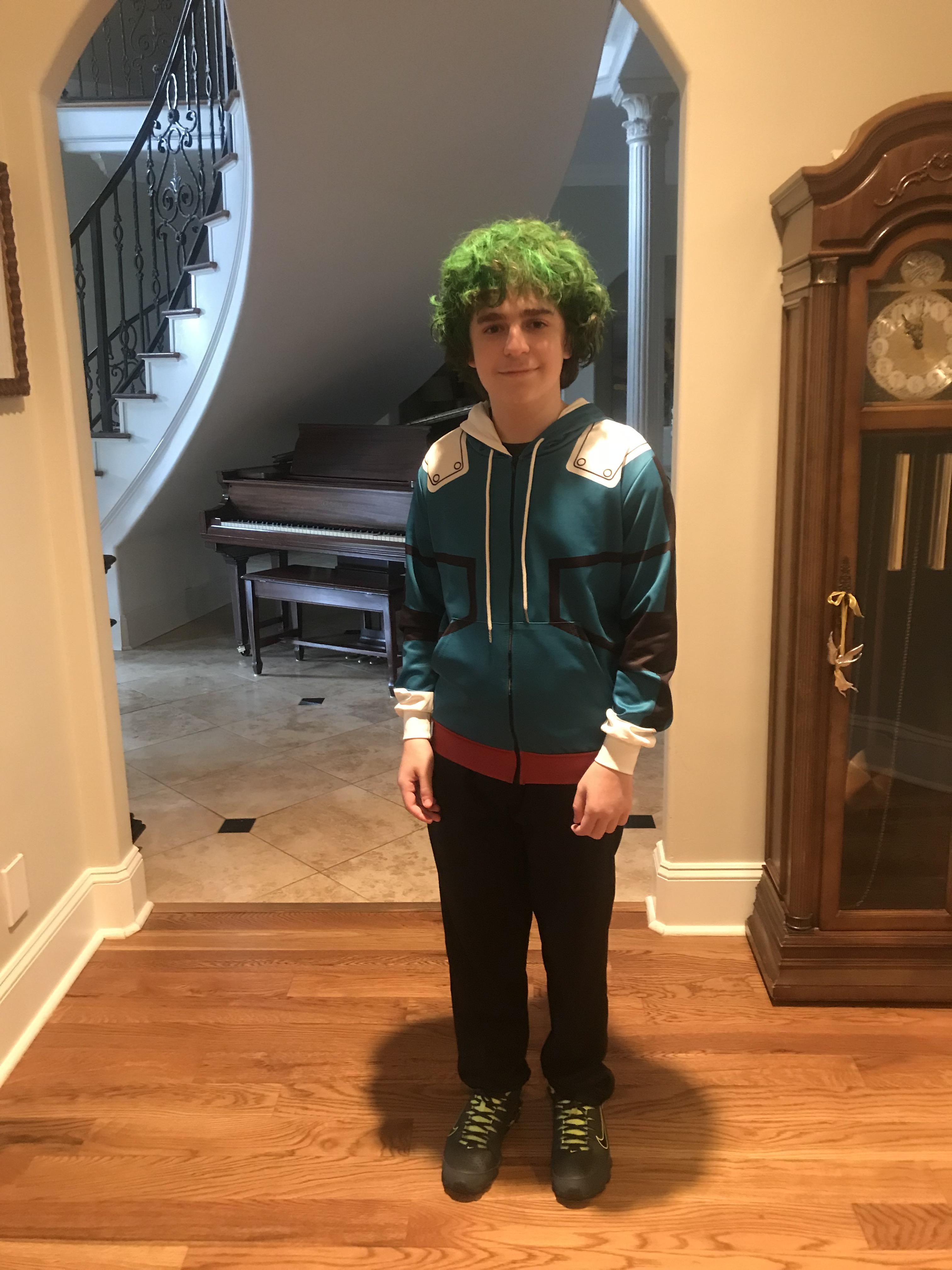 My cheapo Deku halloween costume, and no, that’s not a wig. to