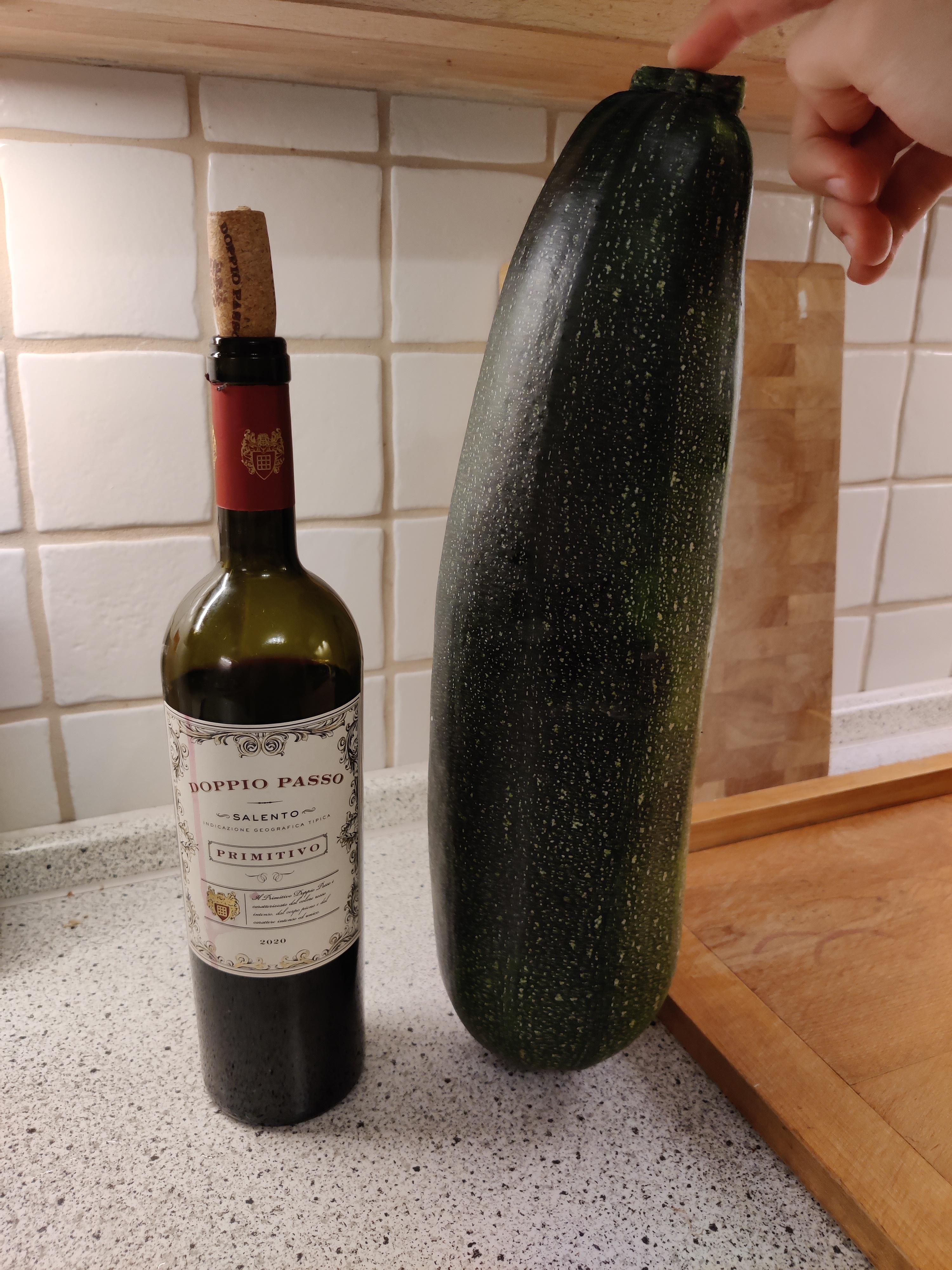 This comically huge Zucchini I grew in my garden. Regular size Wine bottle to scale r