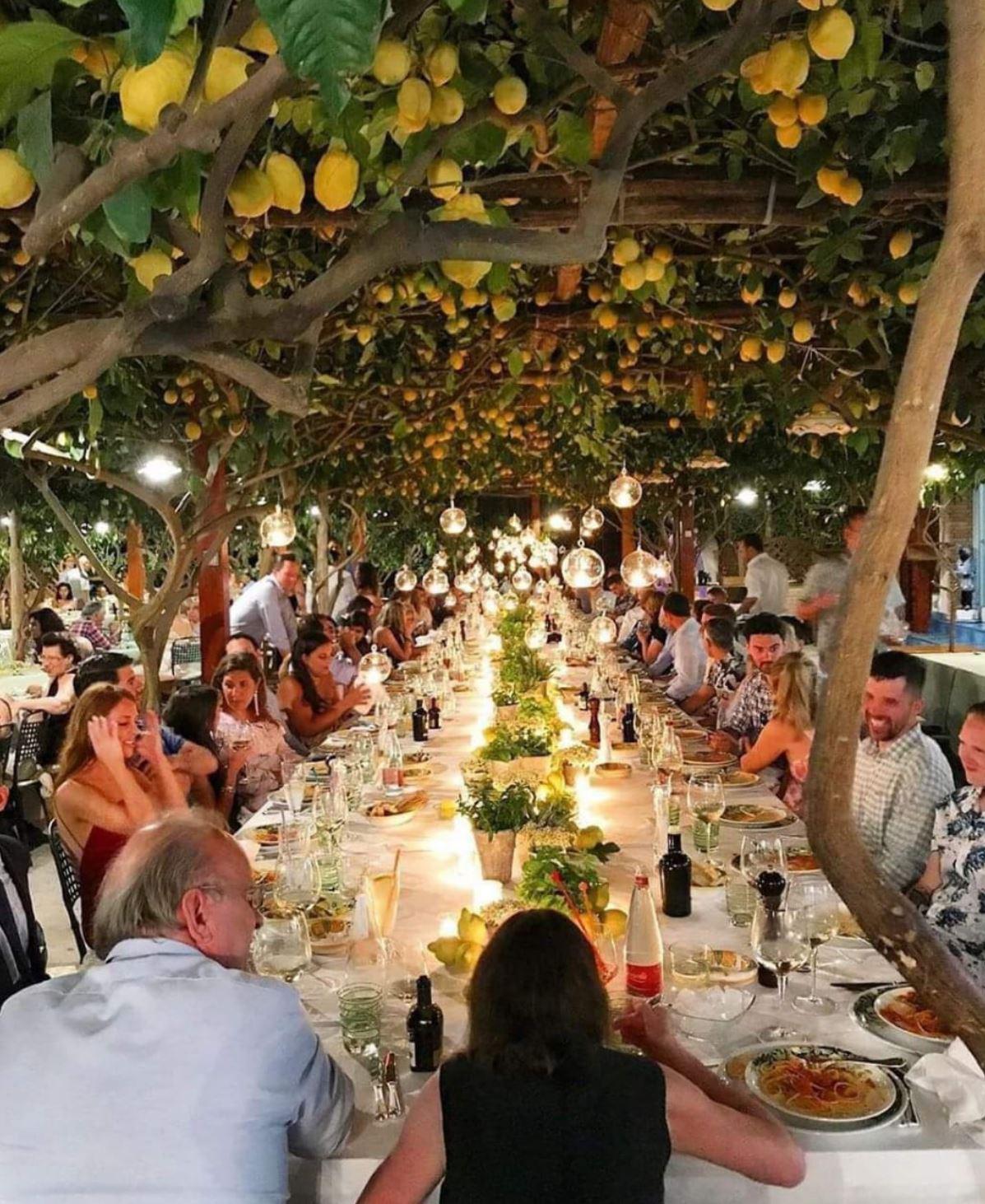An outdoor restaurant in Italy, covered by lemon plants and lemon r