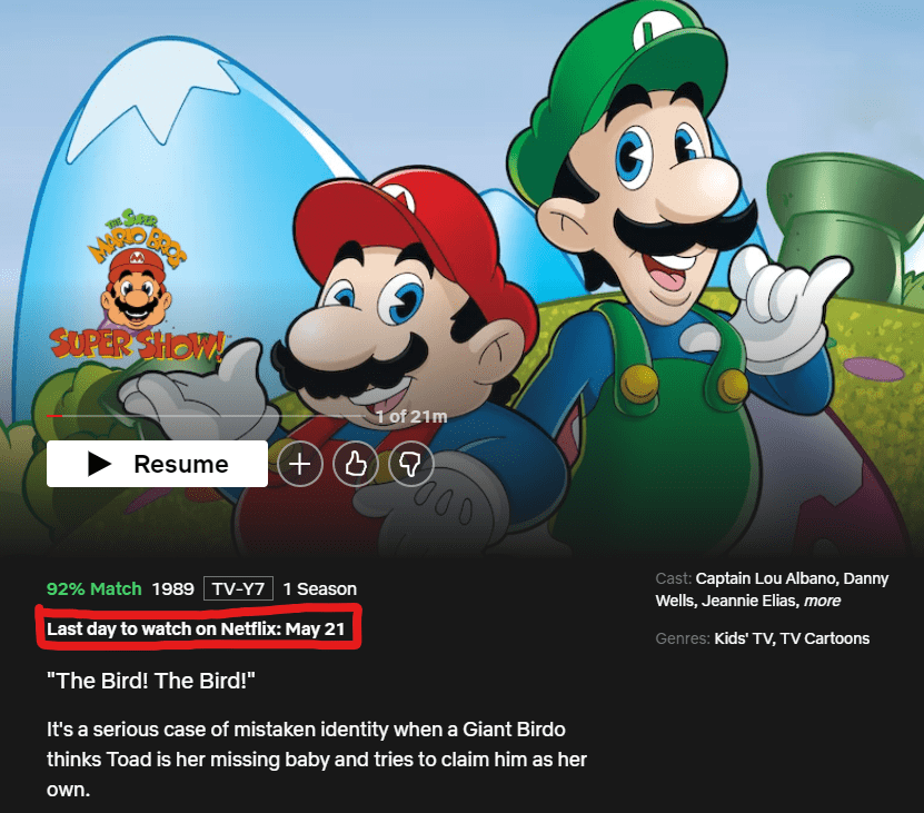 The Super Mario Brother's Super Show is going away on Netflix Tomorrow