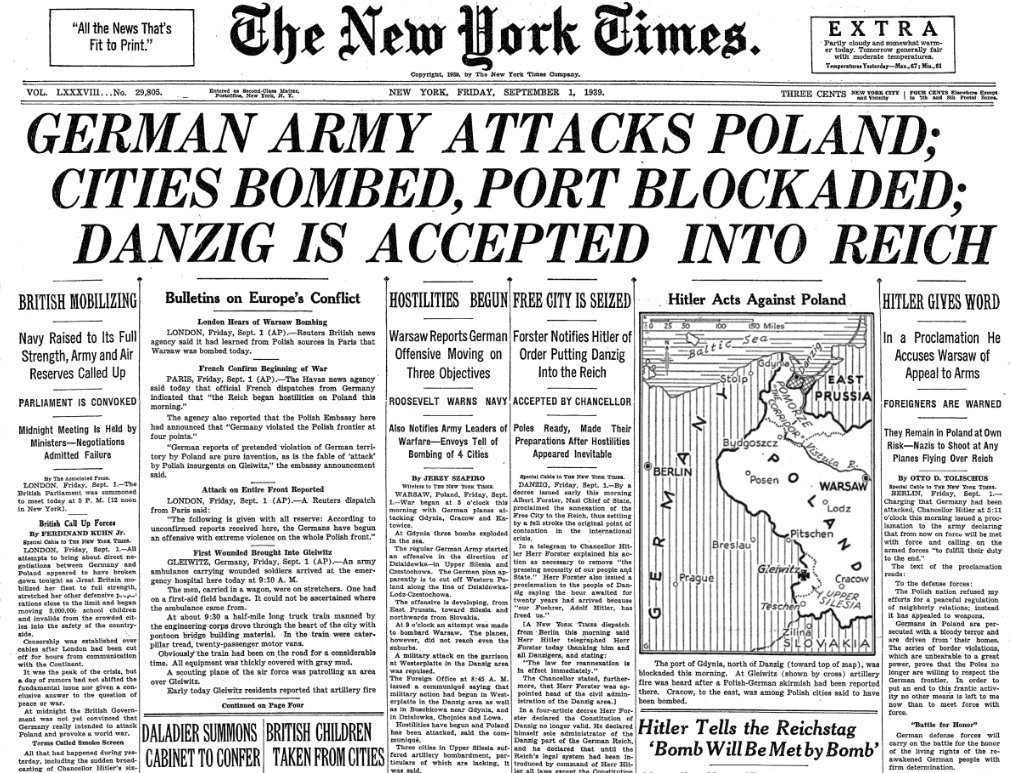 New York Times front page from 82 years ago, following the German and