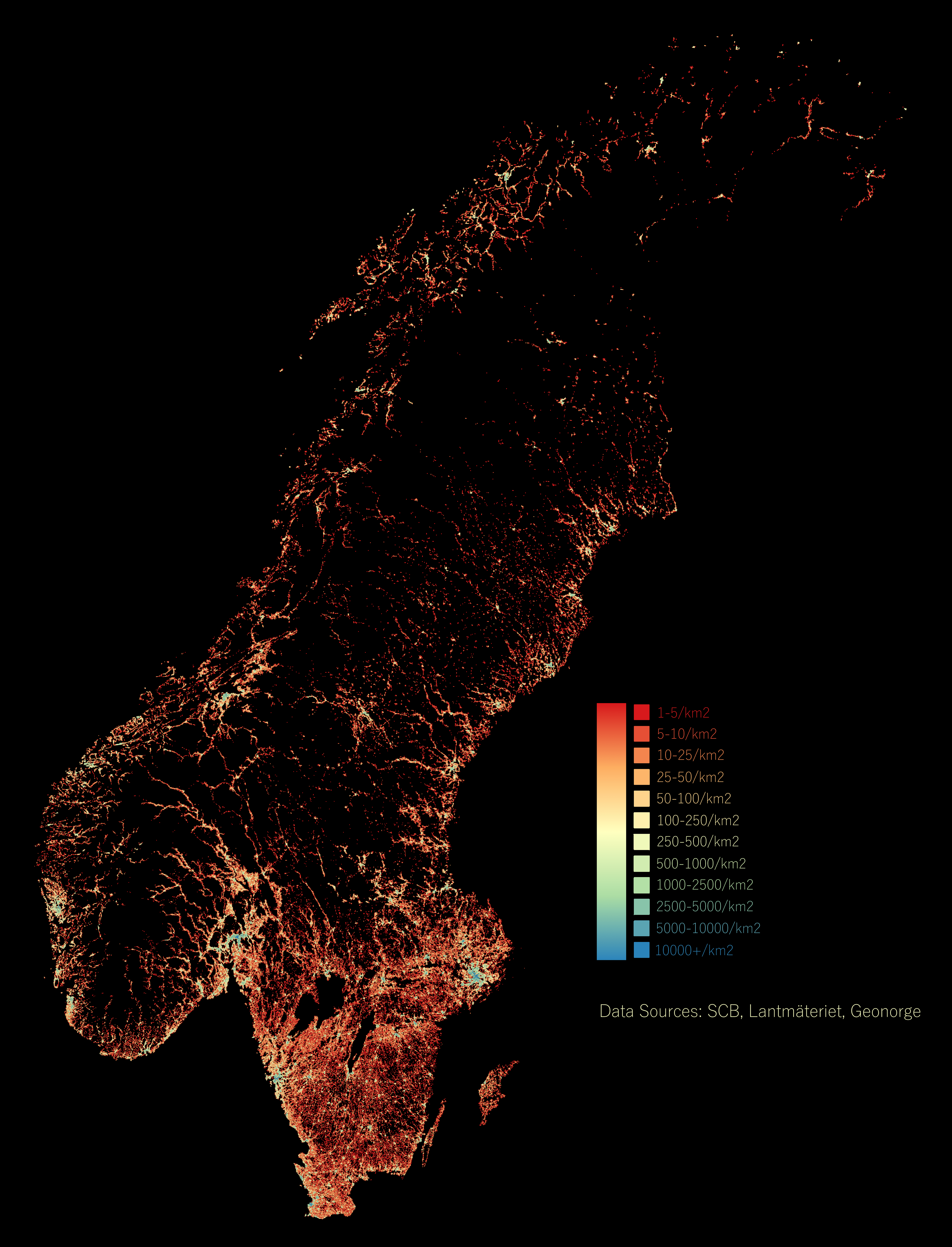 [OC] Population density of Sweden and Norway r/dataisbeautiful