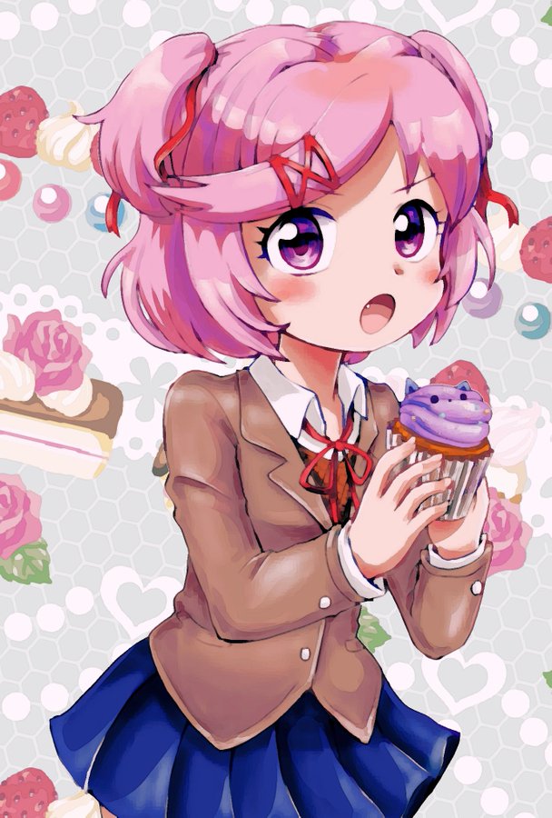 Natsuki eating a cupcake! 💗 (by moyashidayodayo on Twitter) r/DDLC