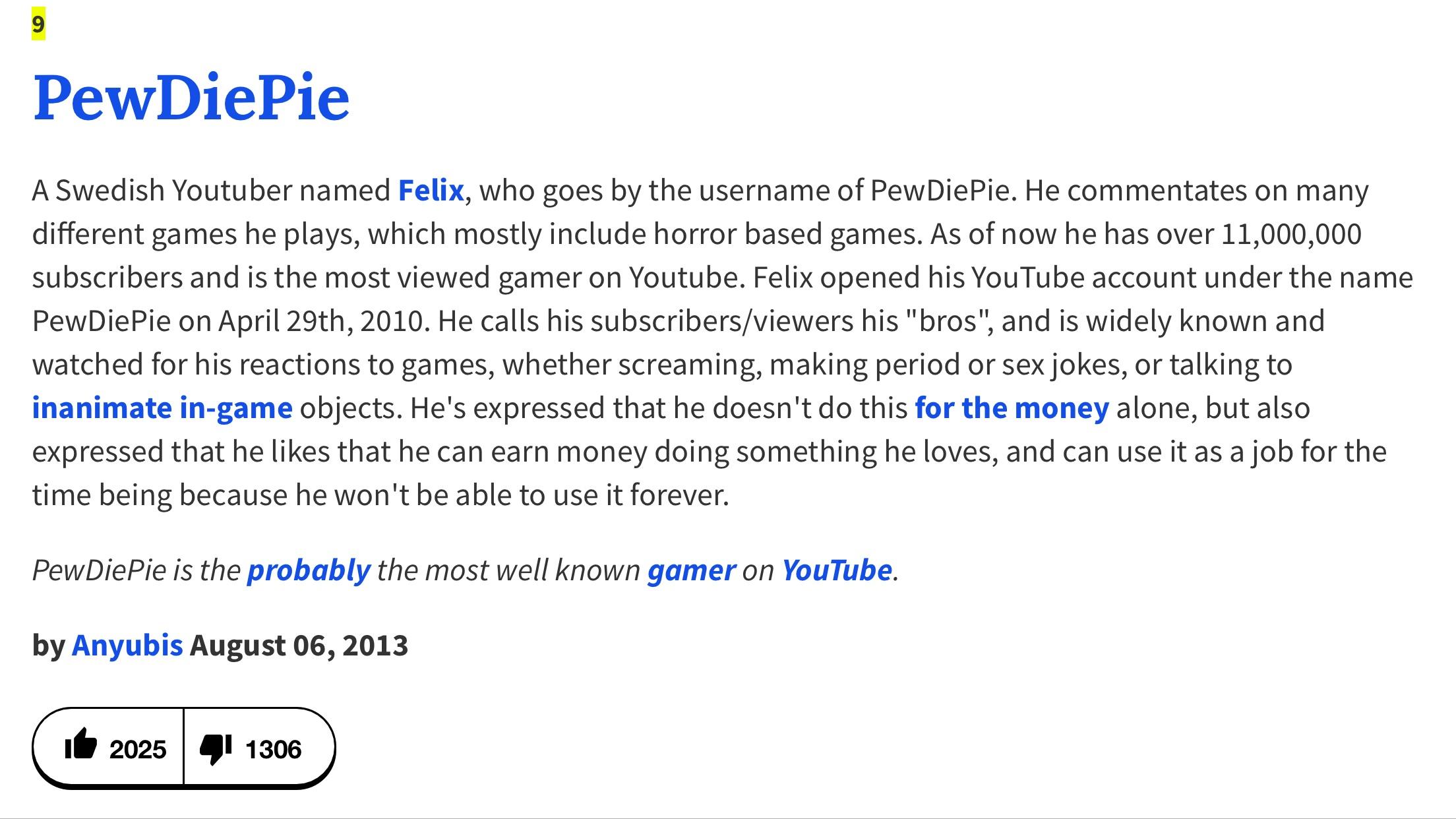 Urban Dictionary Definition Pewdiepie, August 06, 2013. HELP ME GET
