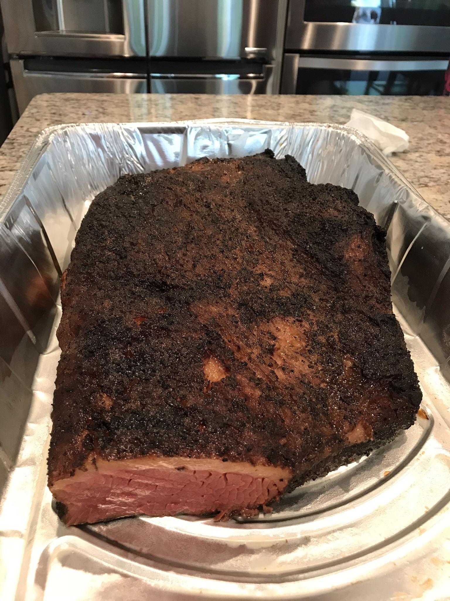 Here’s my first try at pastrami. 16 days in home made brine for 13 lb brisket. This is right