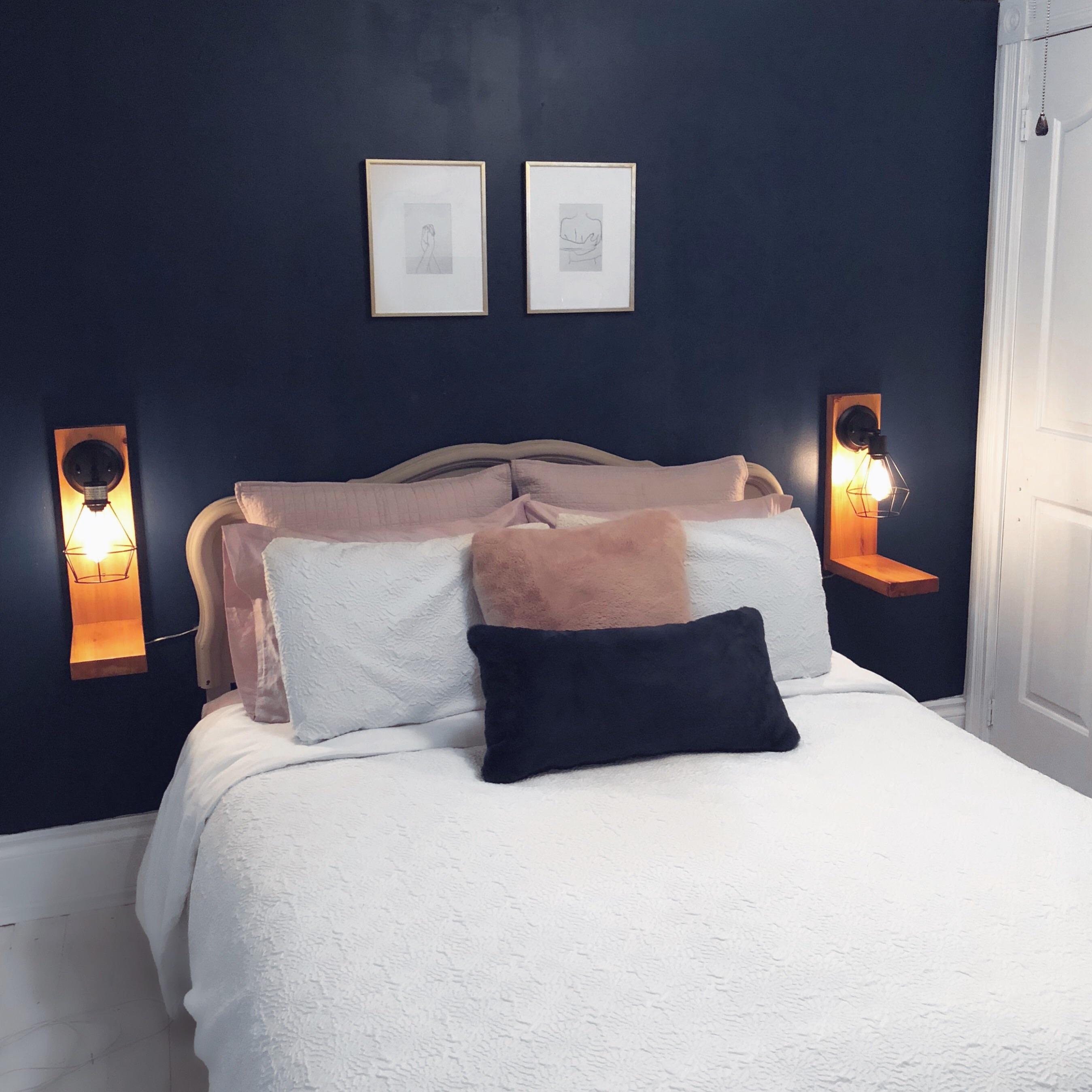 Bedroom accent wall with floating nightstands. Ontario, Canada r