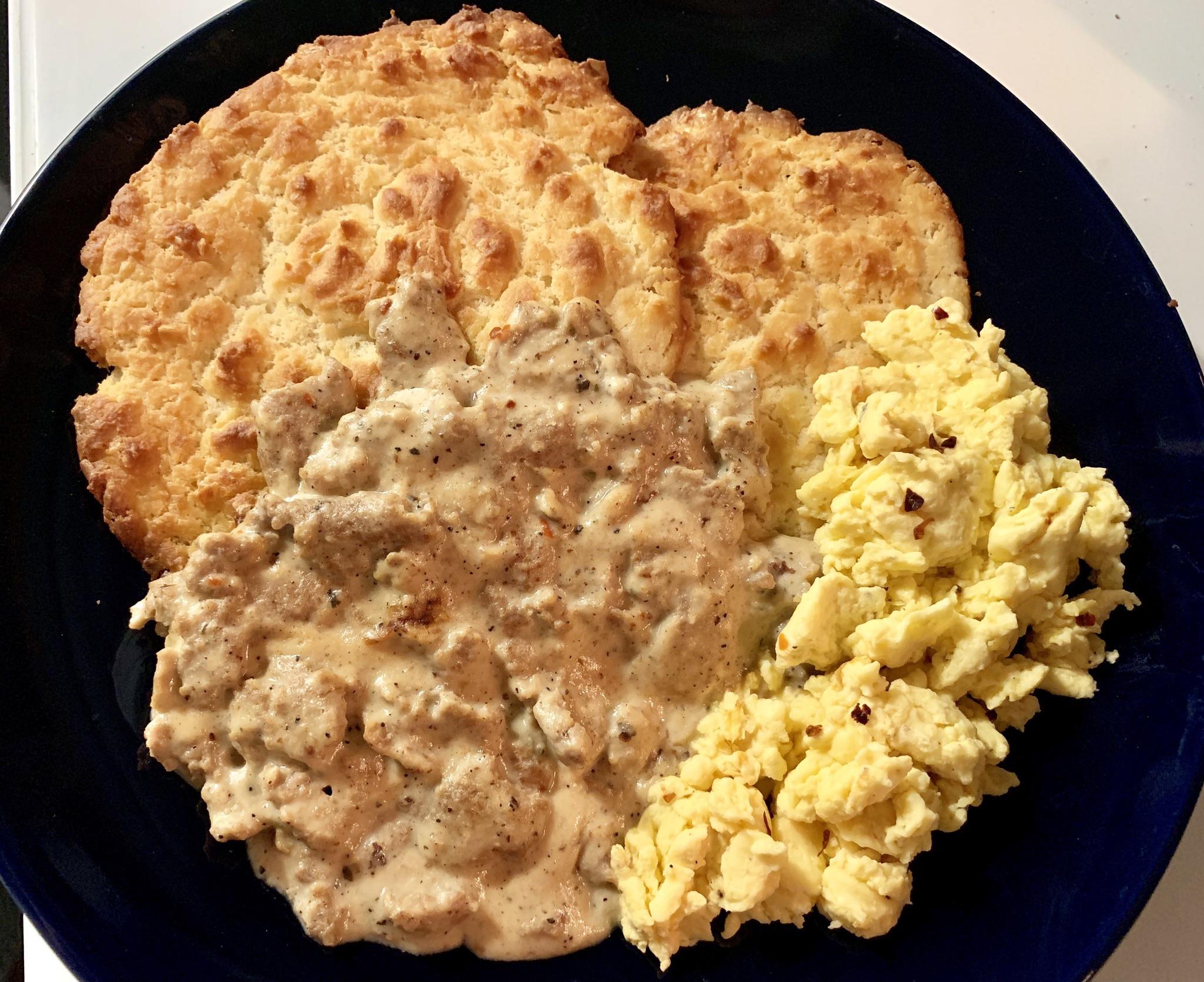 Turkey Sausage Gravy on Eggs & Biscuit Flats662 Calories (55g protein