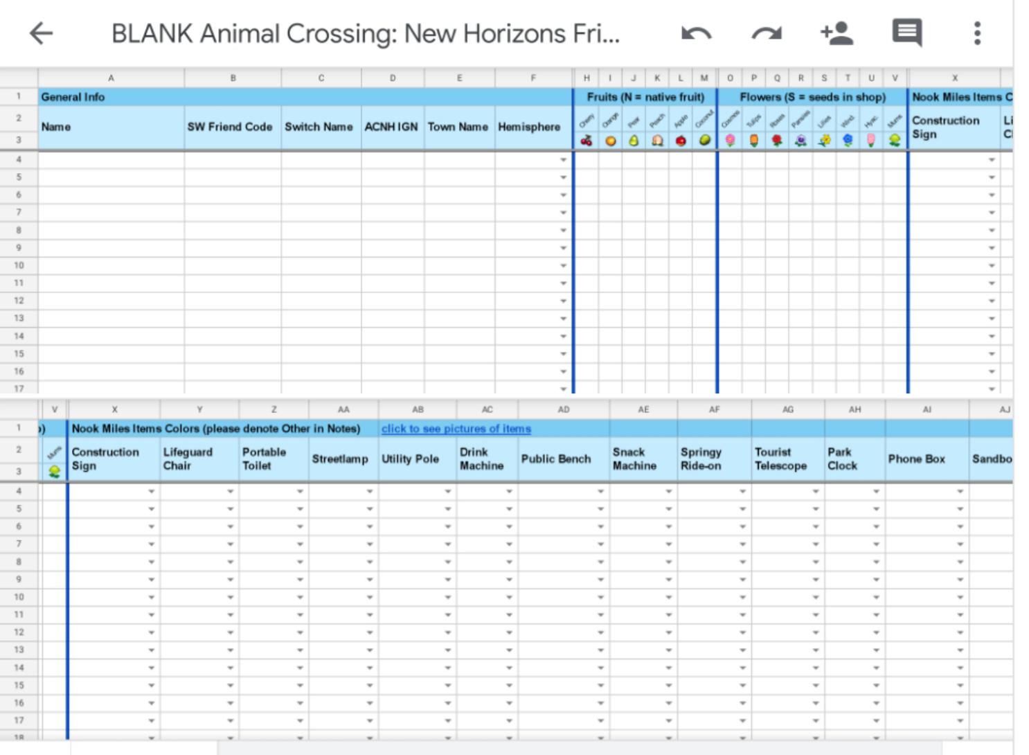 Nook Miles Items Spreadsheet with Dropdown Menus for Colors! * Link and info in comments r