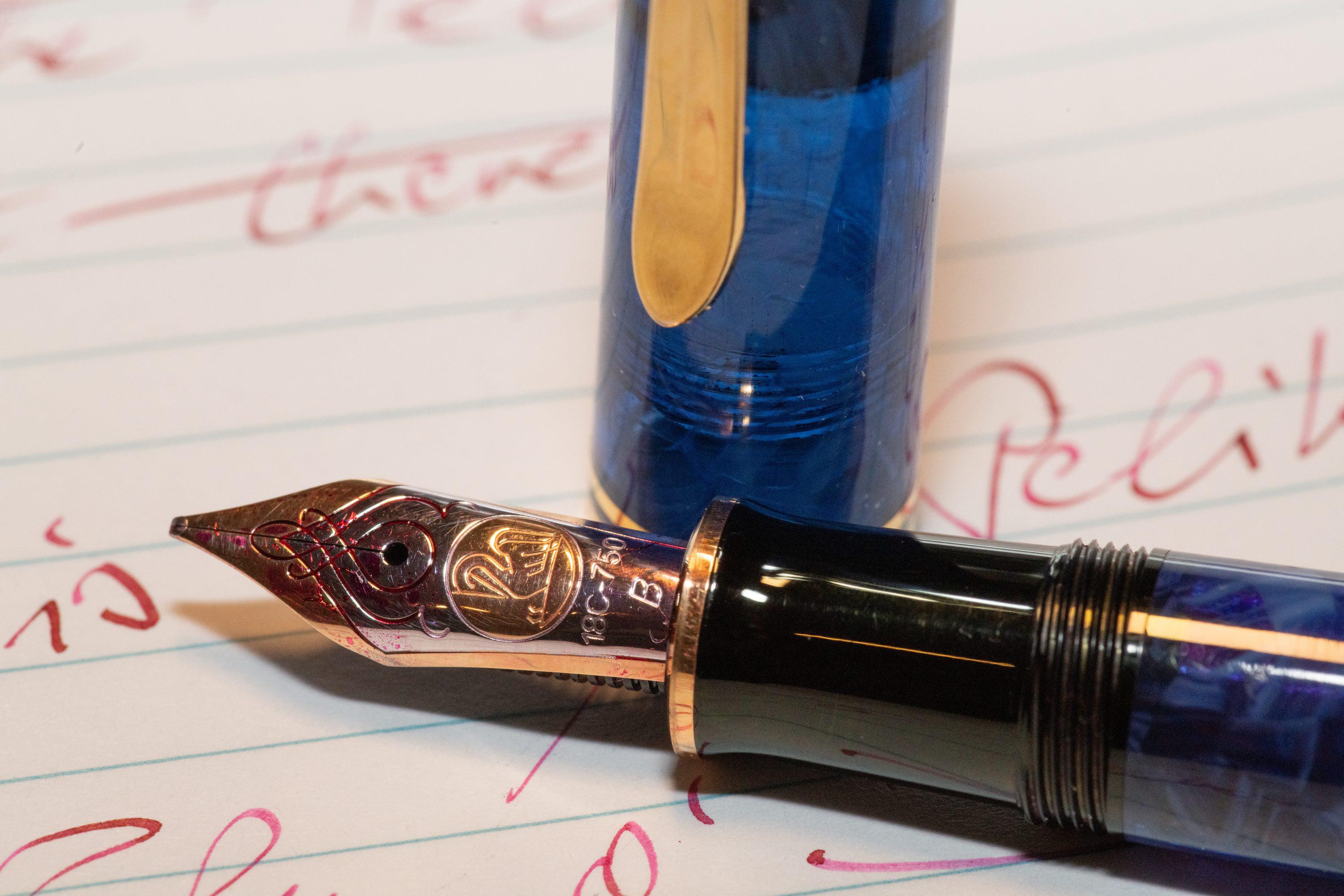 Pelikan M800 Blue o' Blue, binderized broad cursive italic nib