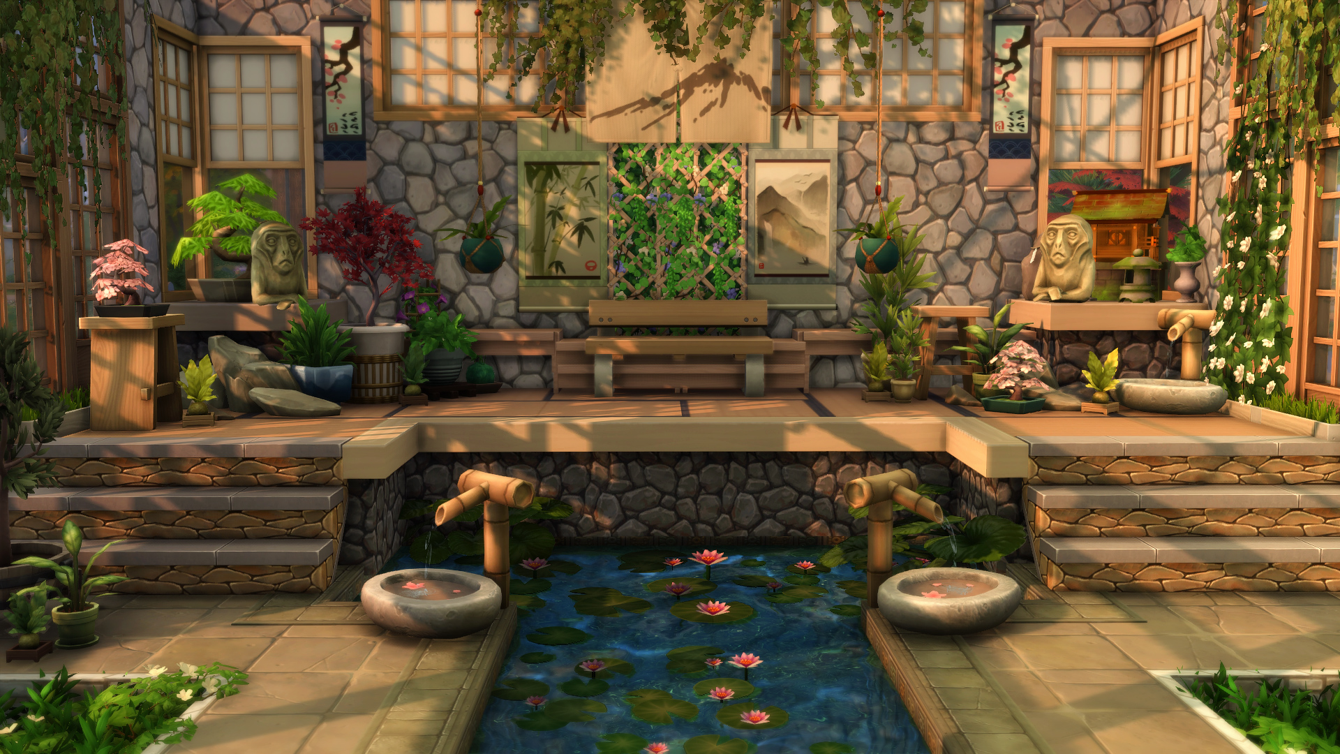 A Snowy Escape themed inner courtyard garden with fountains and