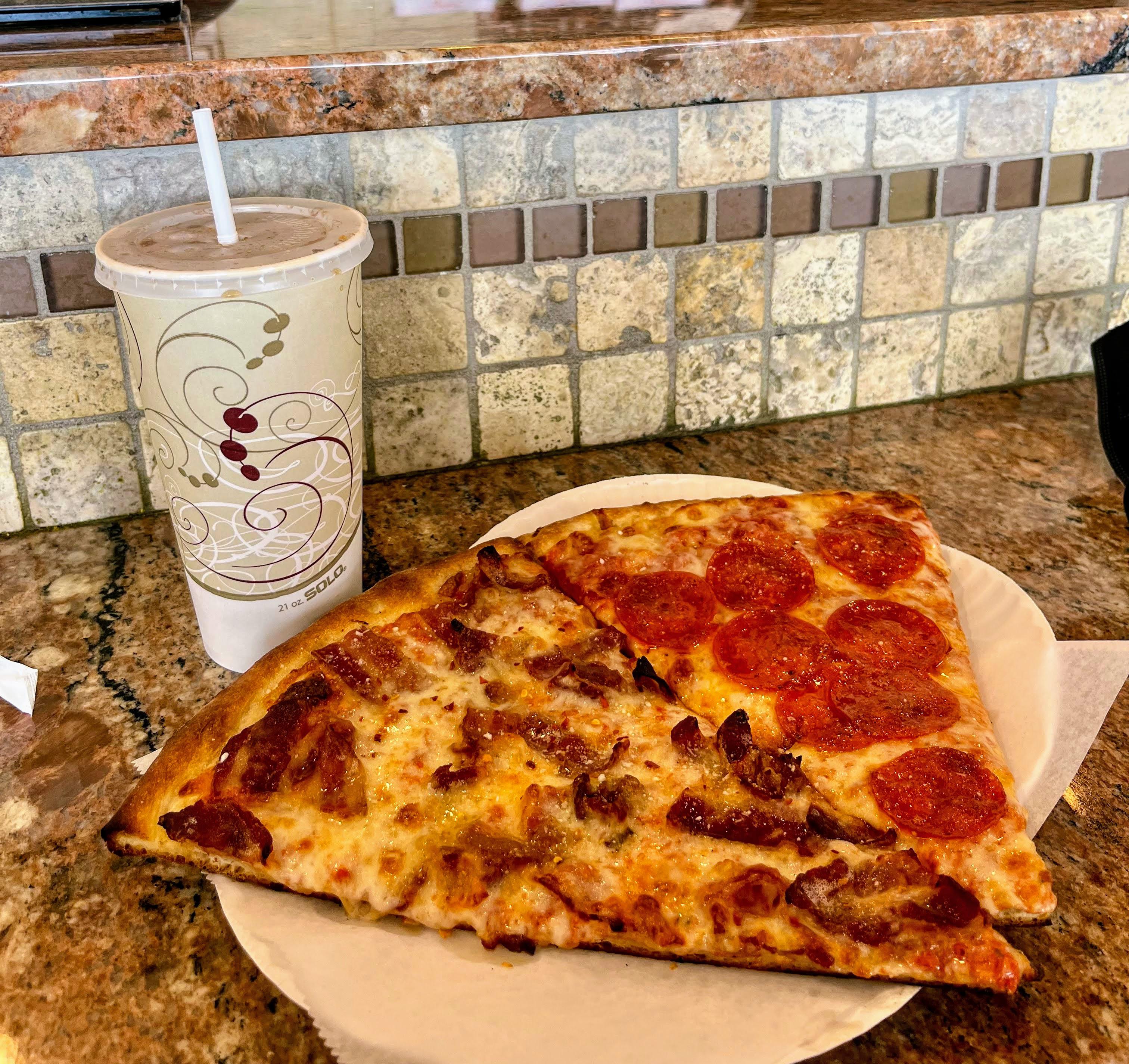 Di Matteo's Pizza, Hamden, CT. One pepperoni and one bacon. Bliss. r