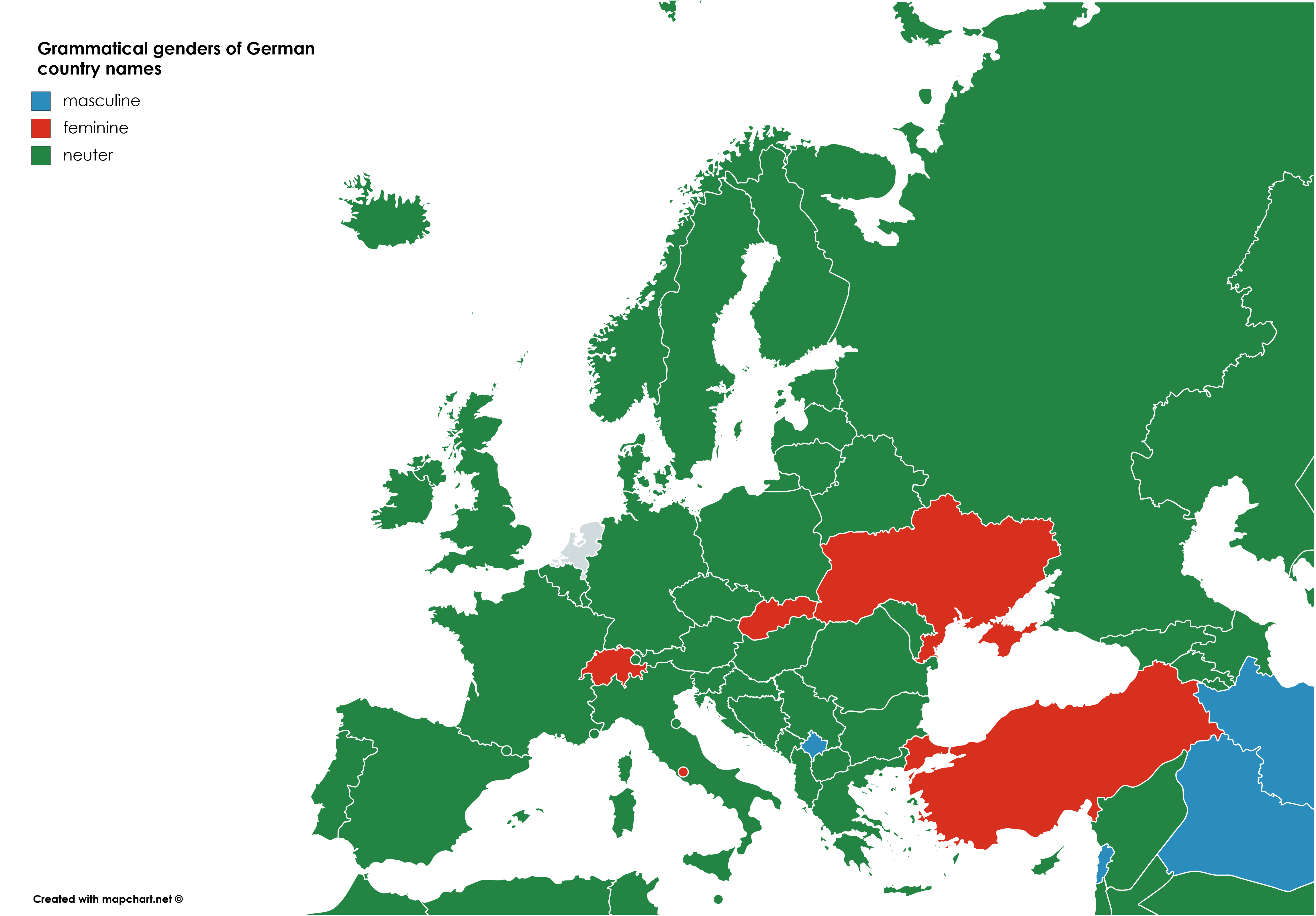 Grammatical genders of German country names [OC] [4592x3196] r/MapPorn