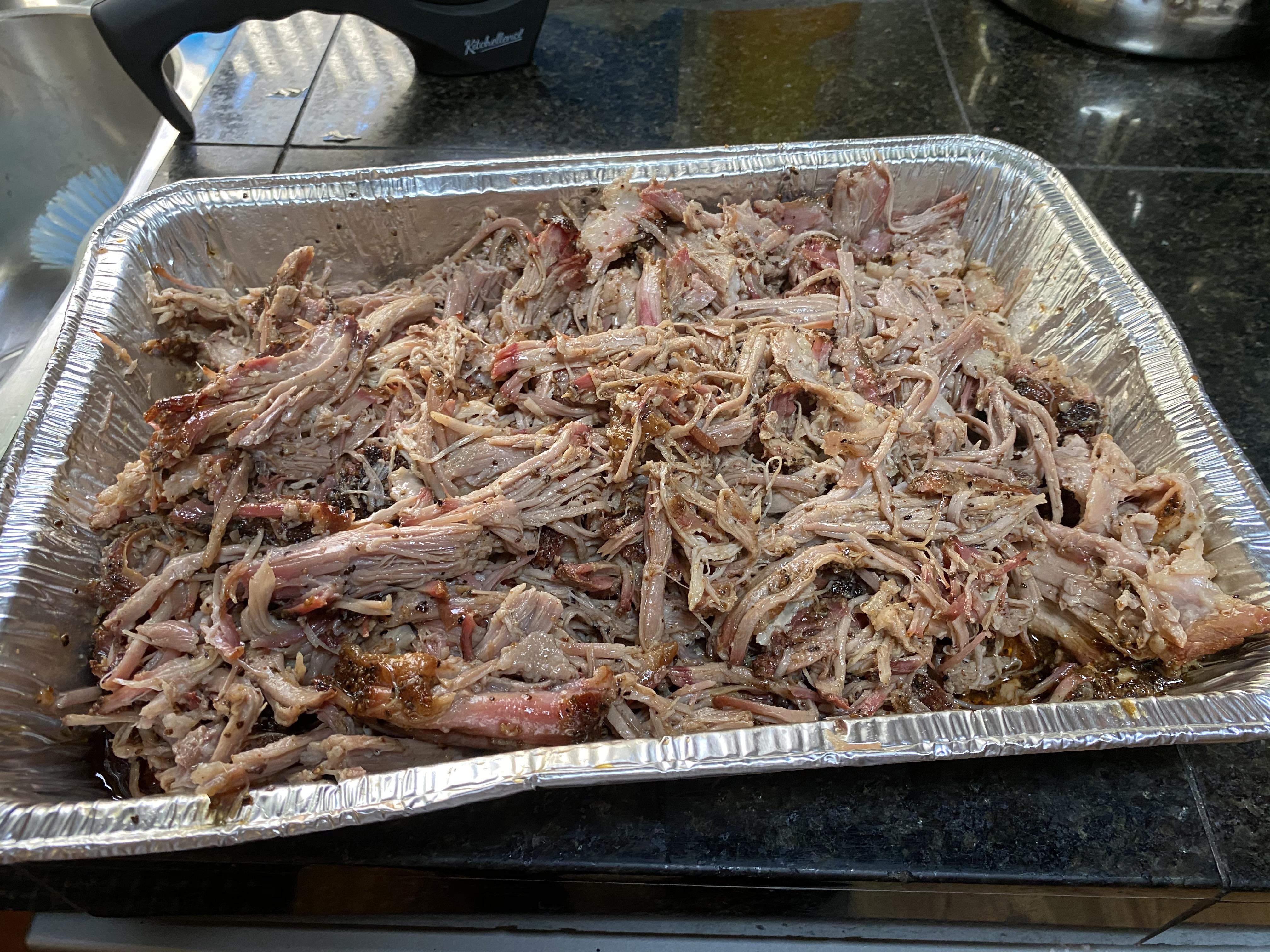 Pork shoulder 275, fatside up for 5 hours, wrapped in foil for 3