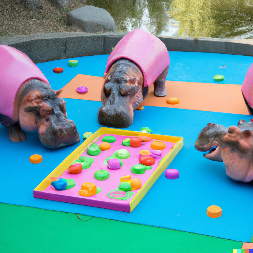 Hungry, Hungry Hippos Game, with real hippos dalle2