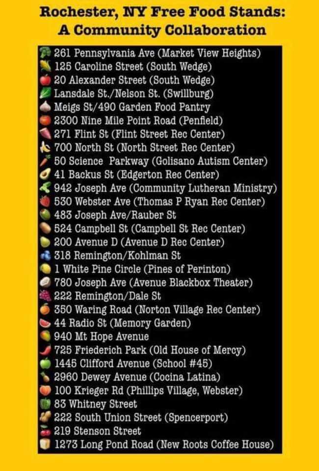 Updated list of food drops and free pantries from Rochester Food Not