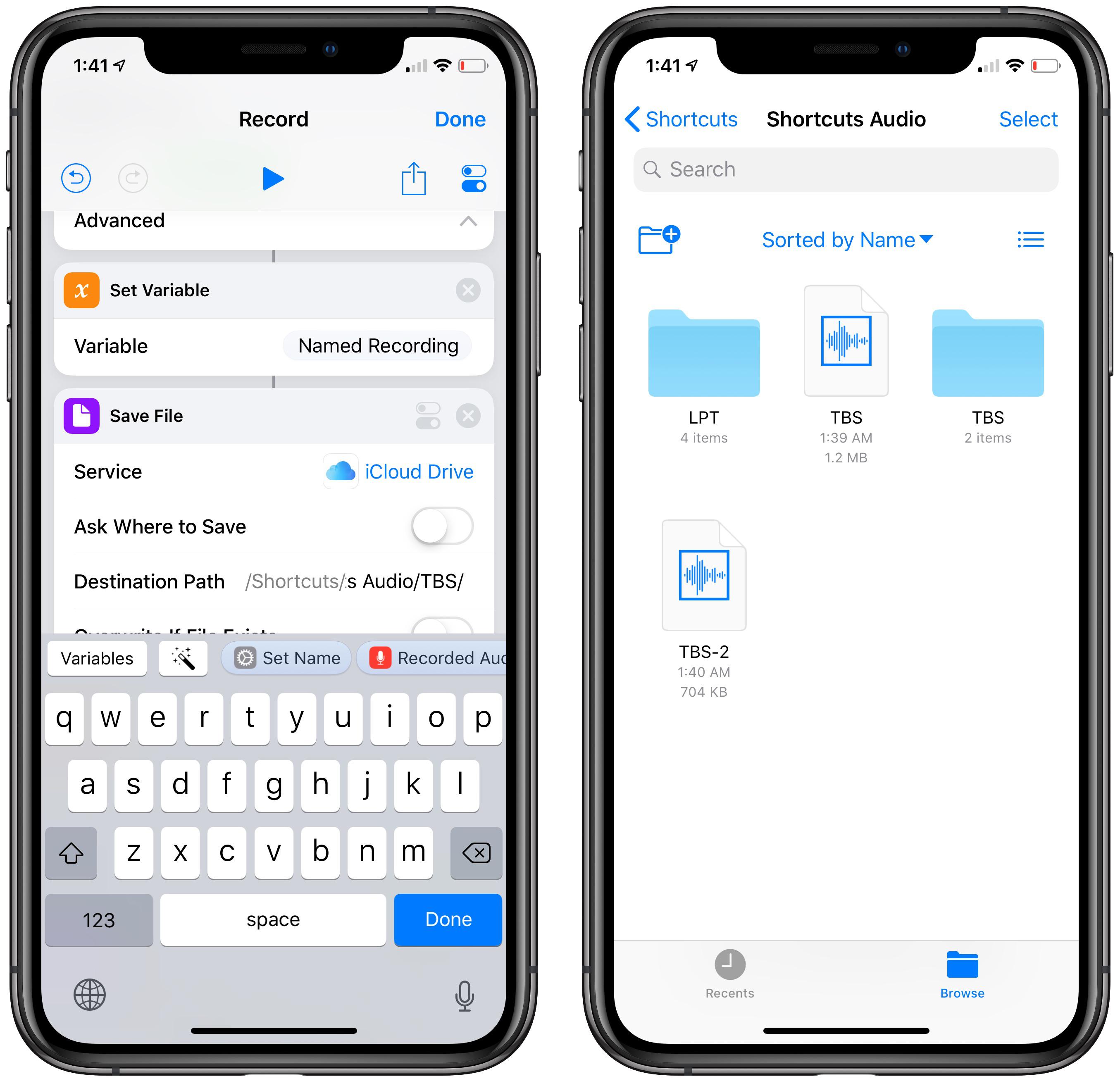 I want the recording to get saved in icloud inside a folder called “TBS