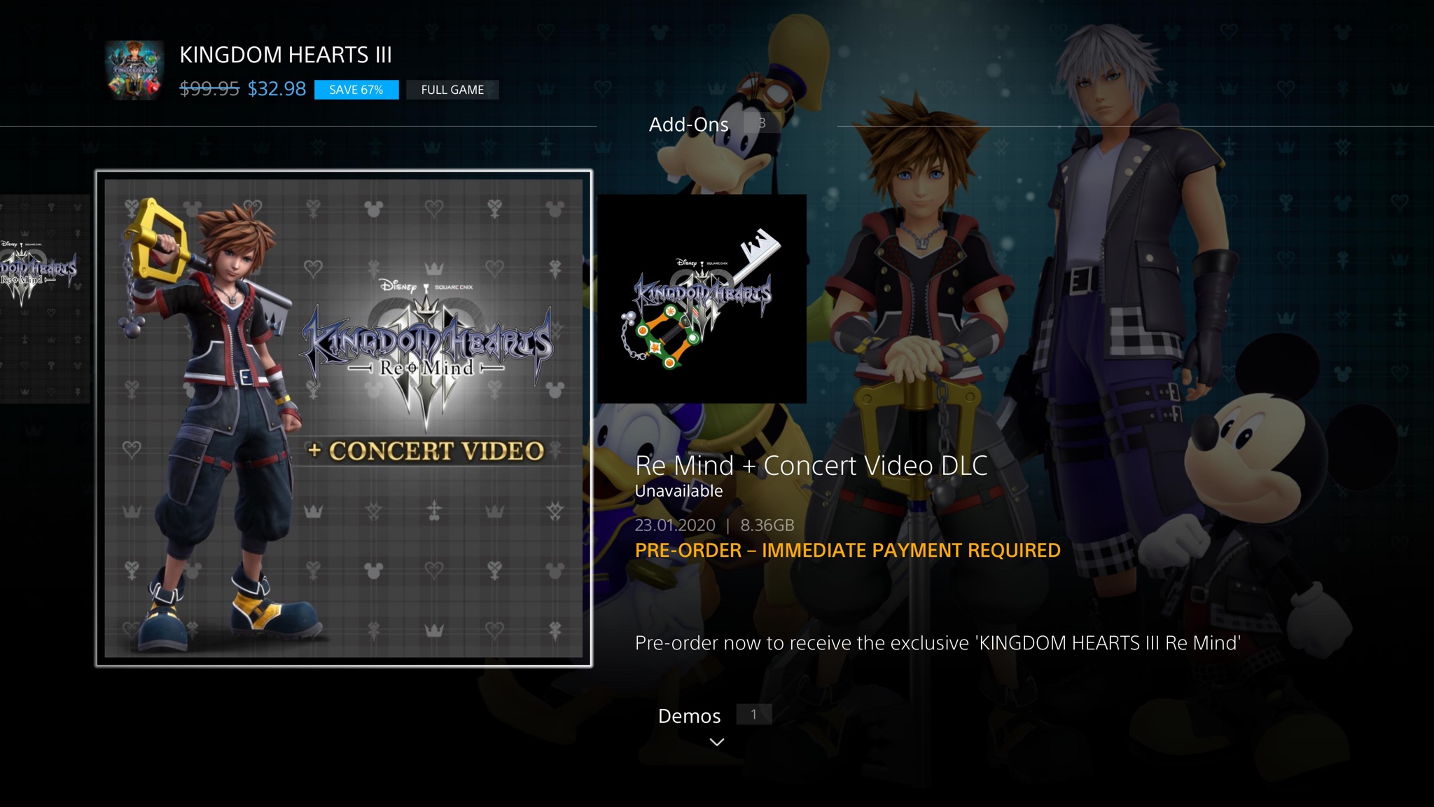 AU KH3 ReMind + Concert video seems to show a size of 8.36gb. Not sure