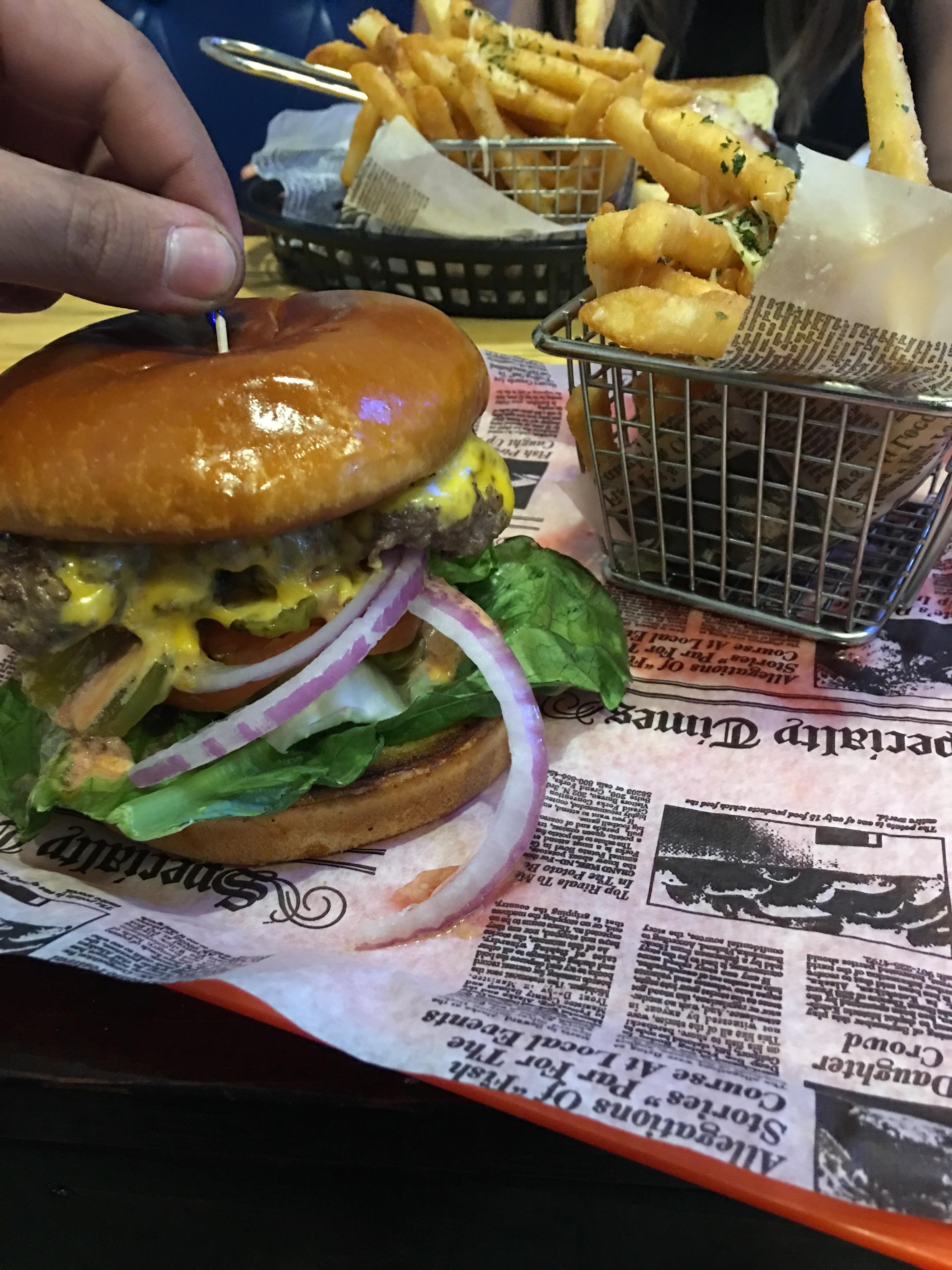 All American Jucy Lucy with garlic Parmesan fries from Wheezy’s