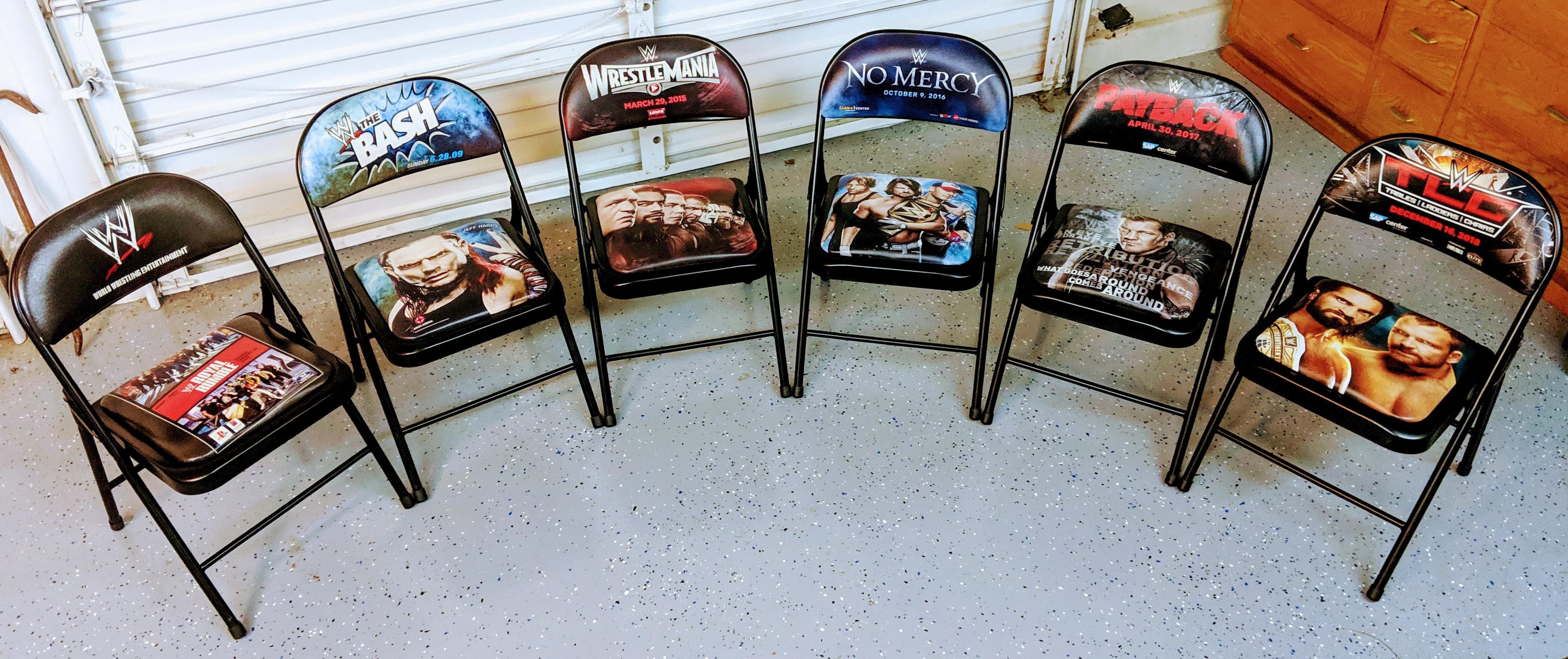 Chairs from WWE events I've attended in the past. Image starts with