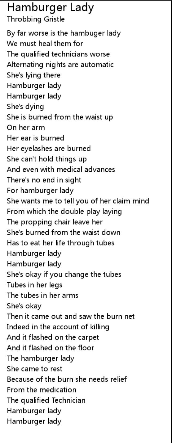 The lyrics to the song "Hamburger Lady" by Throbbing Gristle