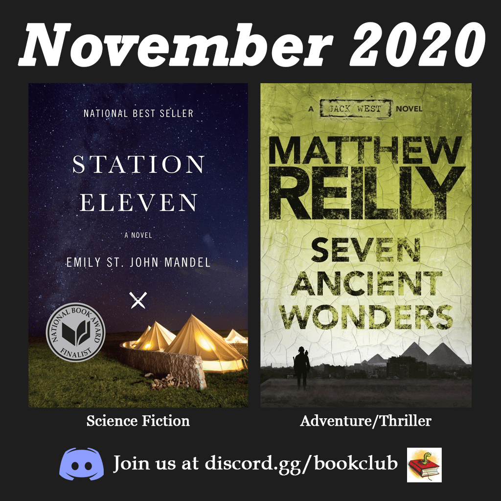 November 2020 book club selections "Station Eleven" by Emily St. John Mandel and "Seven